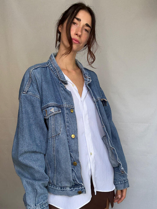 Vintage blue denim 80s jacket, Retro cool menswear, Oversized boyfriend clothing, Punk streetwear, retro 90s Kristen Stewart vibe, US XL