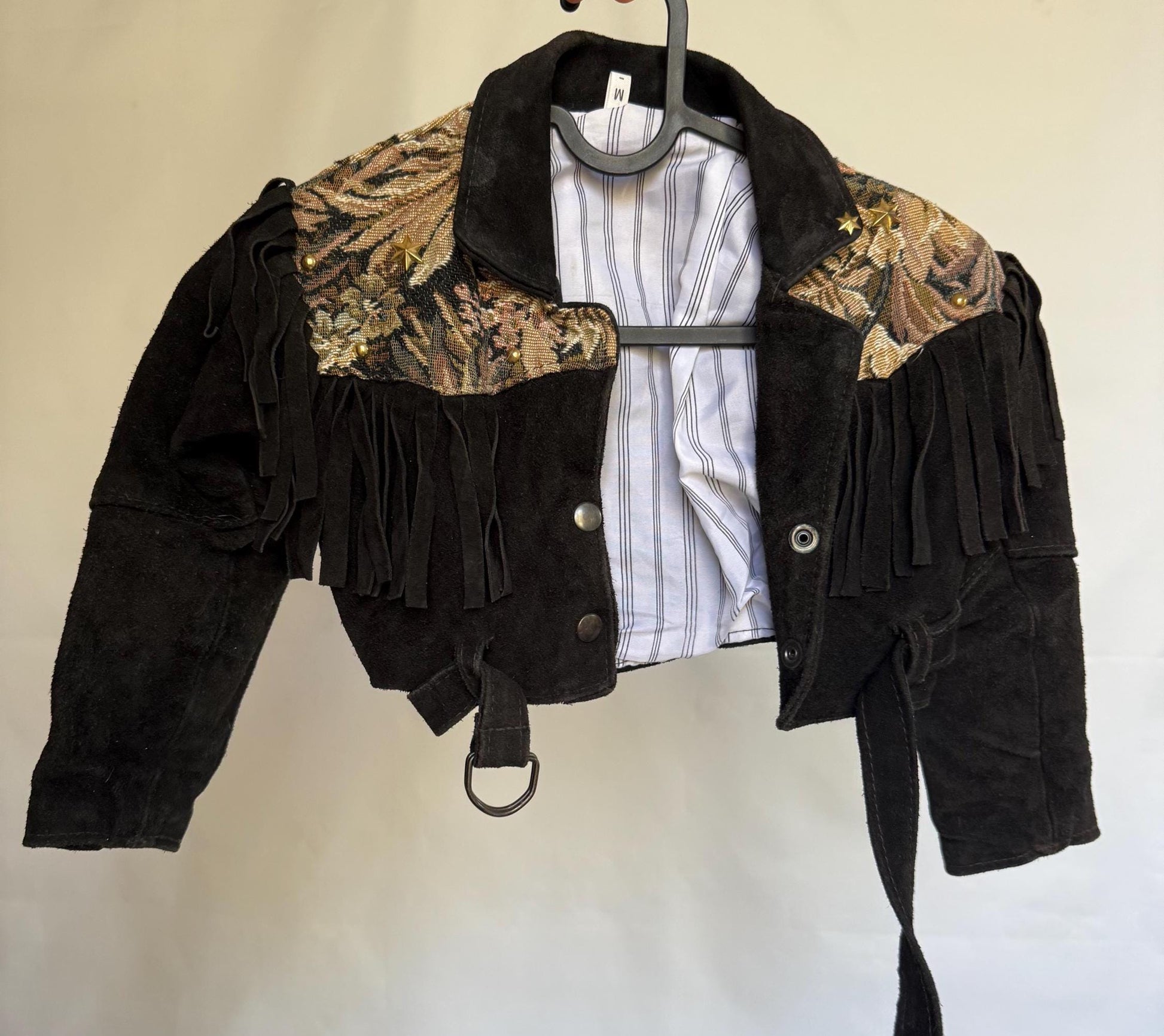 Vintage Black Suede Fringe Jacket for Kids