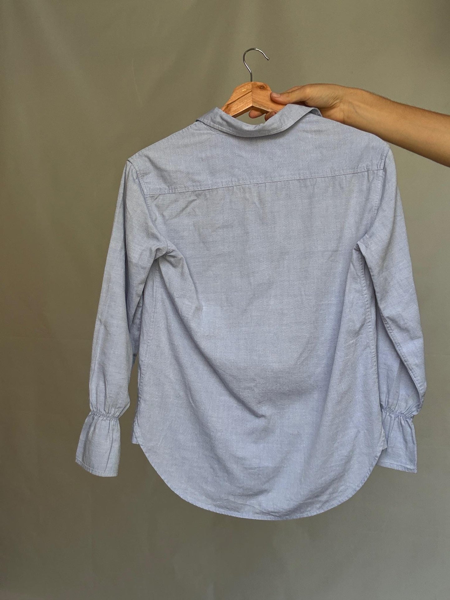 Elegant blue woman blouse, 100% cotton button up shirt with gathered cuffs, Luxe light academic Kate Middleton, Size XS - EU 34