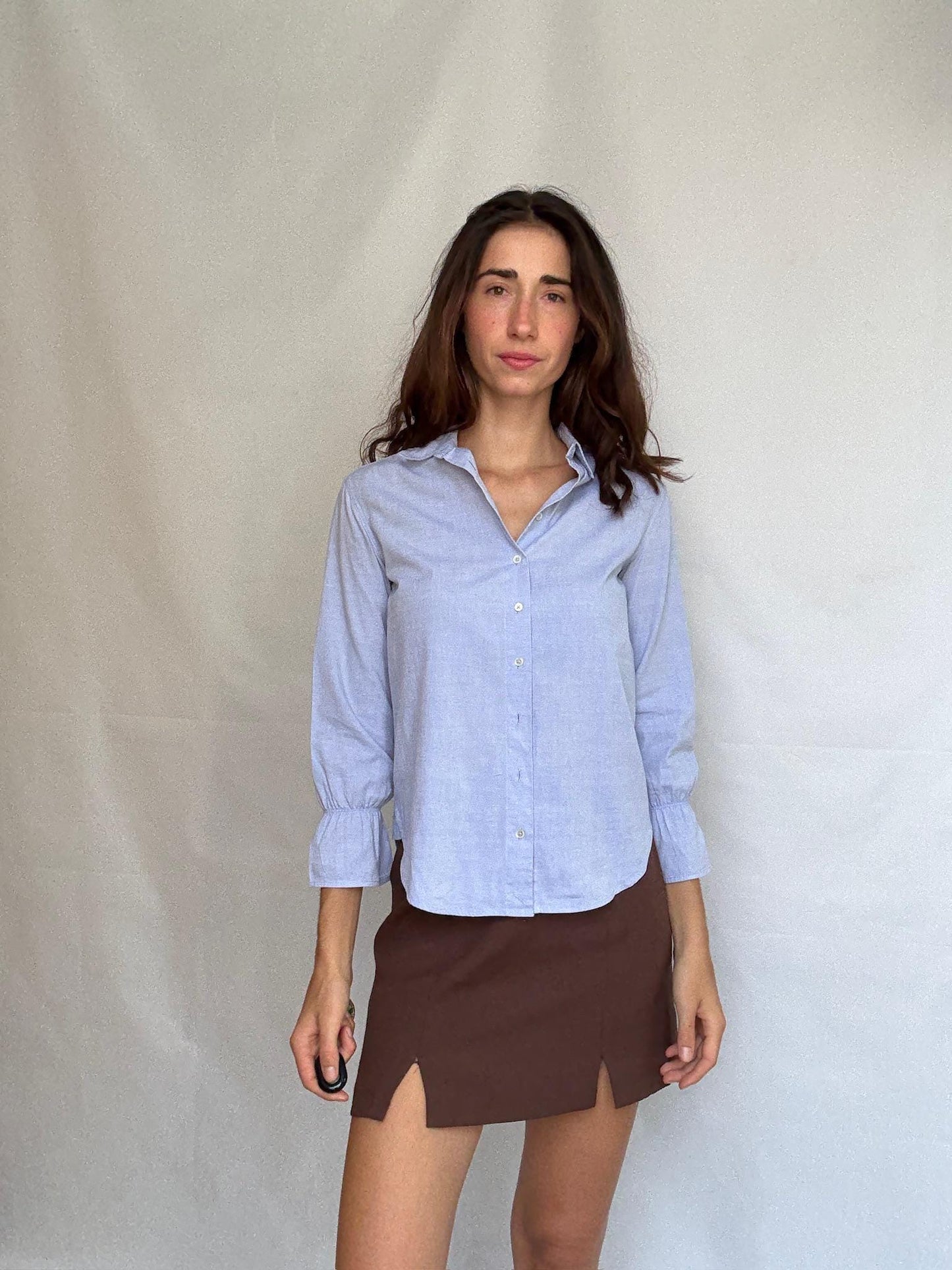 Elegant blue woman blouse, 100% cotton button up shirt with gathered cuffs, Luxe light academic Kate Middleton, Size XS - EU 34