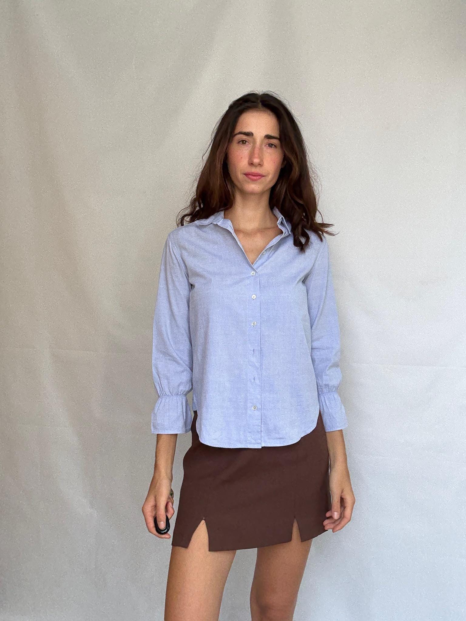 Elegant blue woman blouse, 100% cotton button up shirt with gathered cuffs, Luxe light academic Kate Middleton, Size XS - EU 34