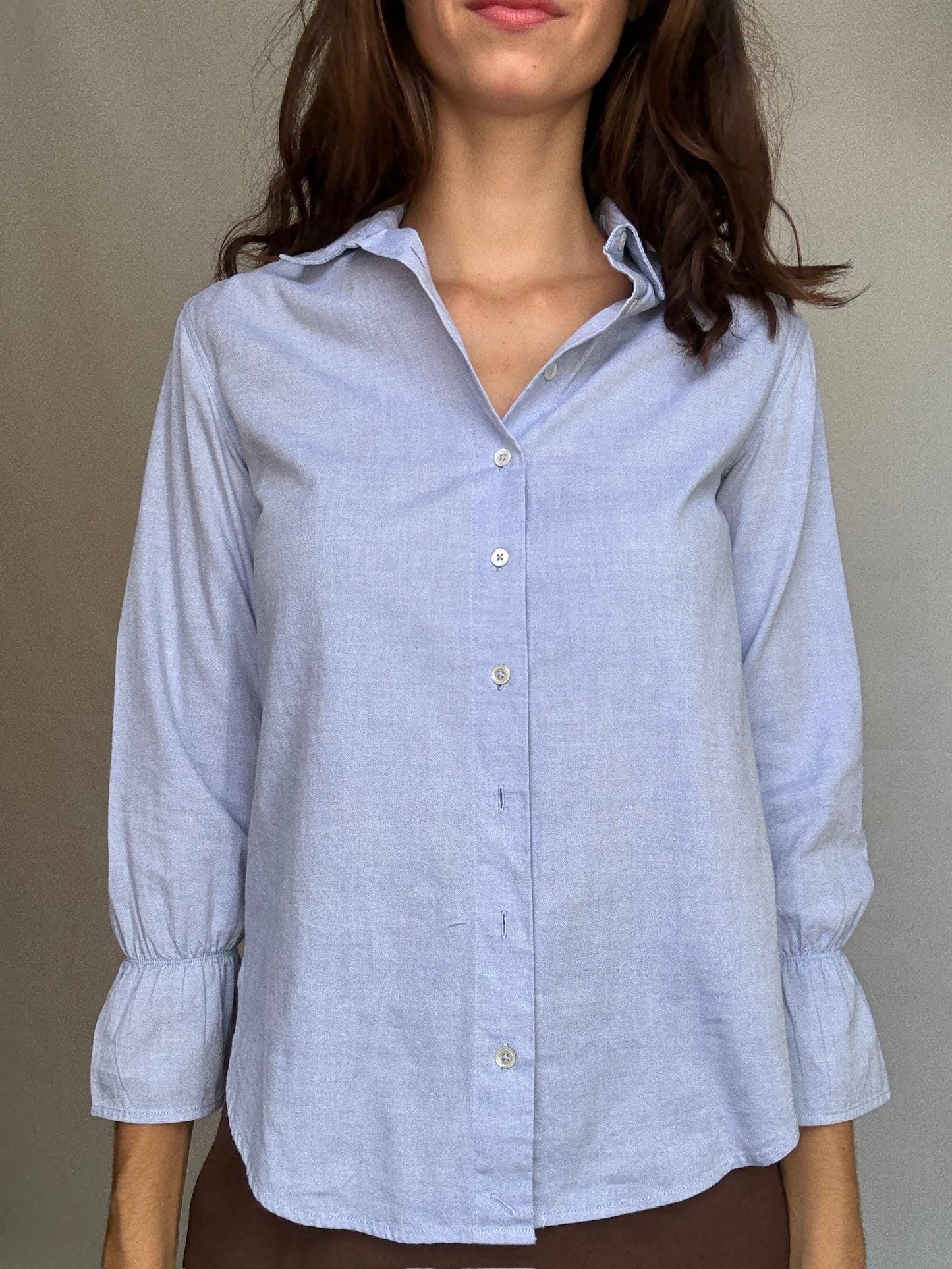 Elegant blue woman blouse, 100% cotton button up shirt with gathered cuffs, Luxe light academic Kate Middleton, Size XS - EU 34