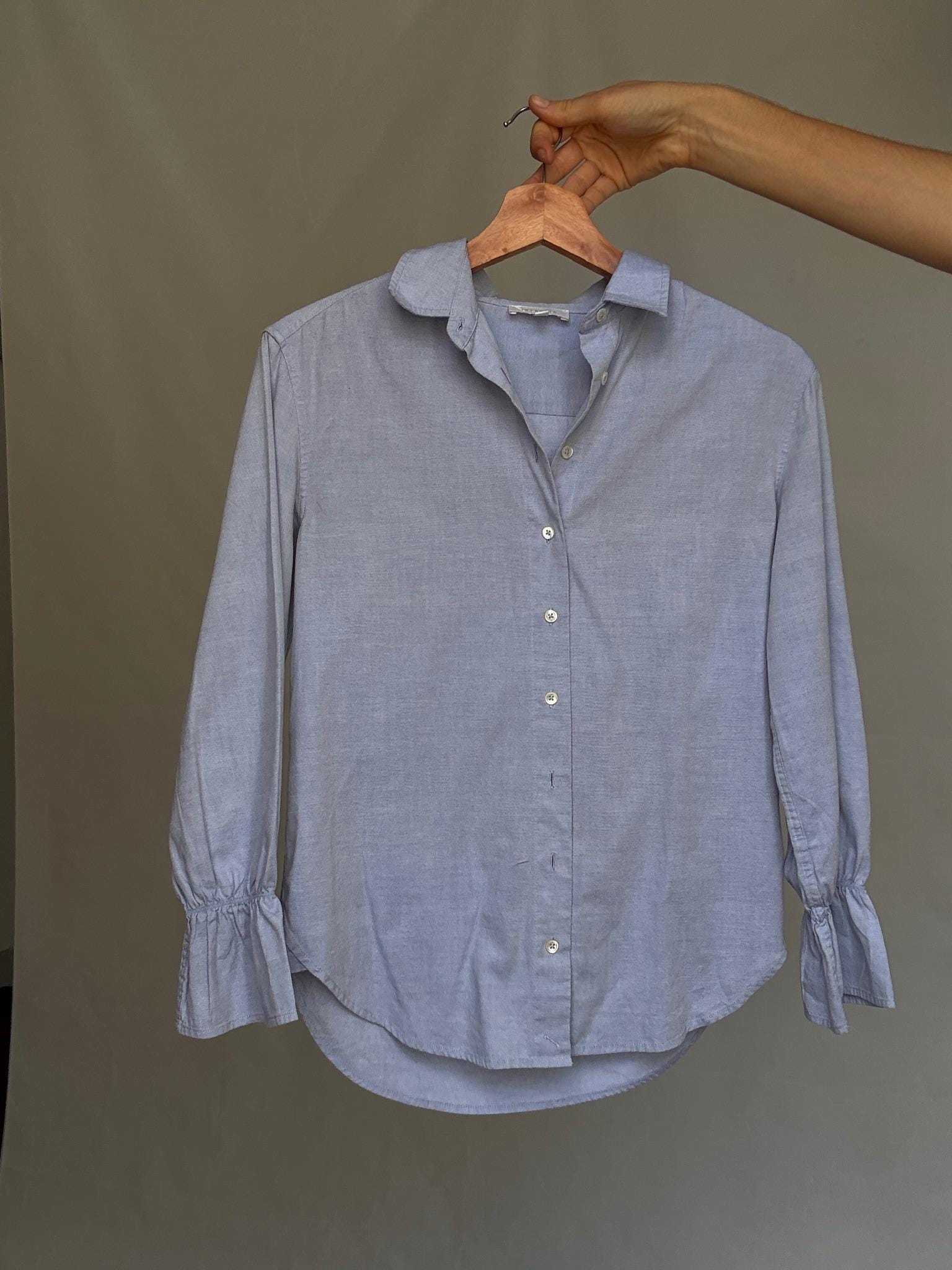 Elegant blue woman blouse, 100% cotton button up shirt with gathered cuffs, Luxe light academic Kate Middleton, Size XS - EU 34