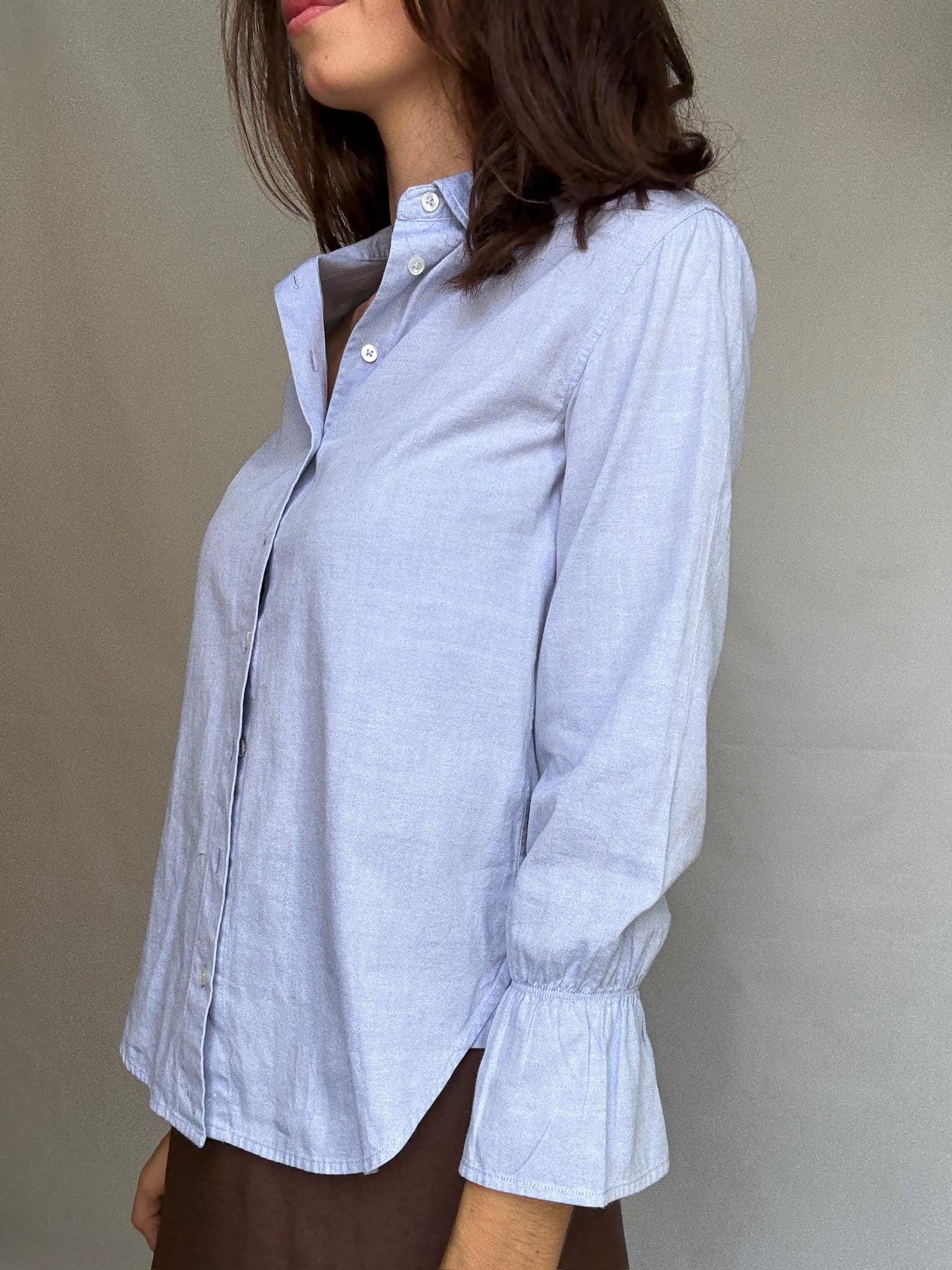Elegant blue woman blouse, 100% cotton button up shirt with gathered cuffs, Luxe light academic Kate Middleton, Size XS - EU 34