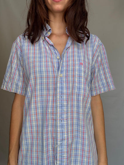 Vintage Pedro Del Hierro Plaid Cotton Shirt — fabric close-up