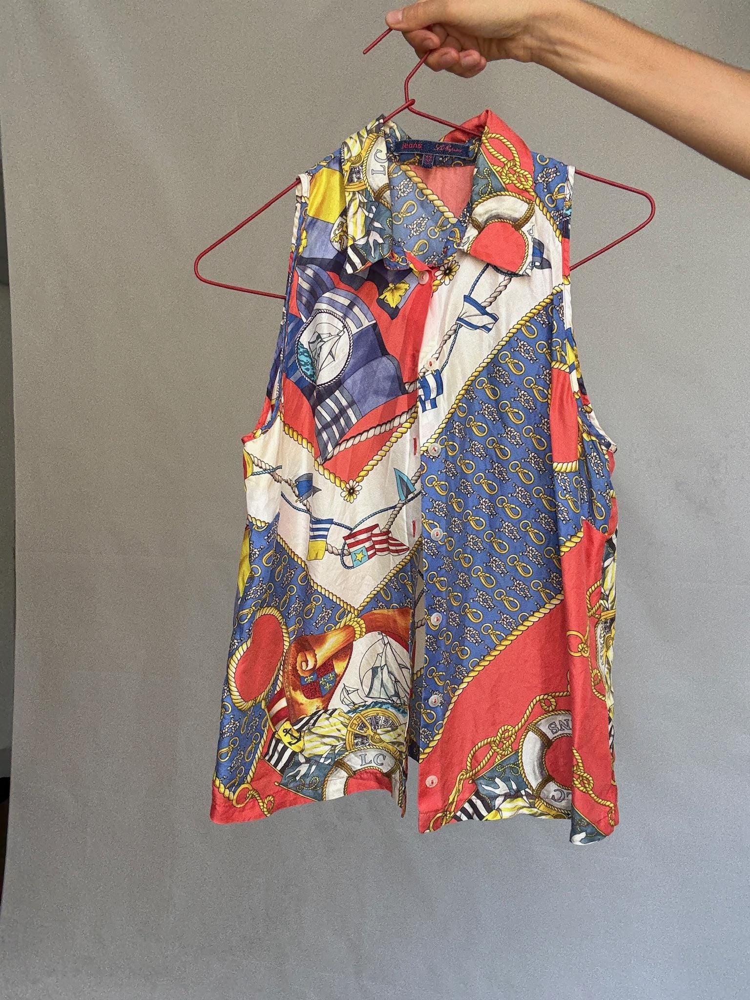 Vintage nautical print blouse, Lovely tiefront retro 80s top, Cher vibe, US S, summer streetwear