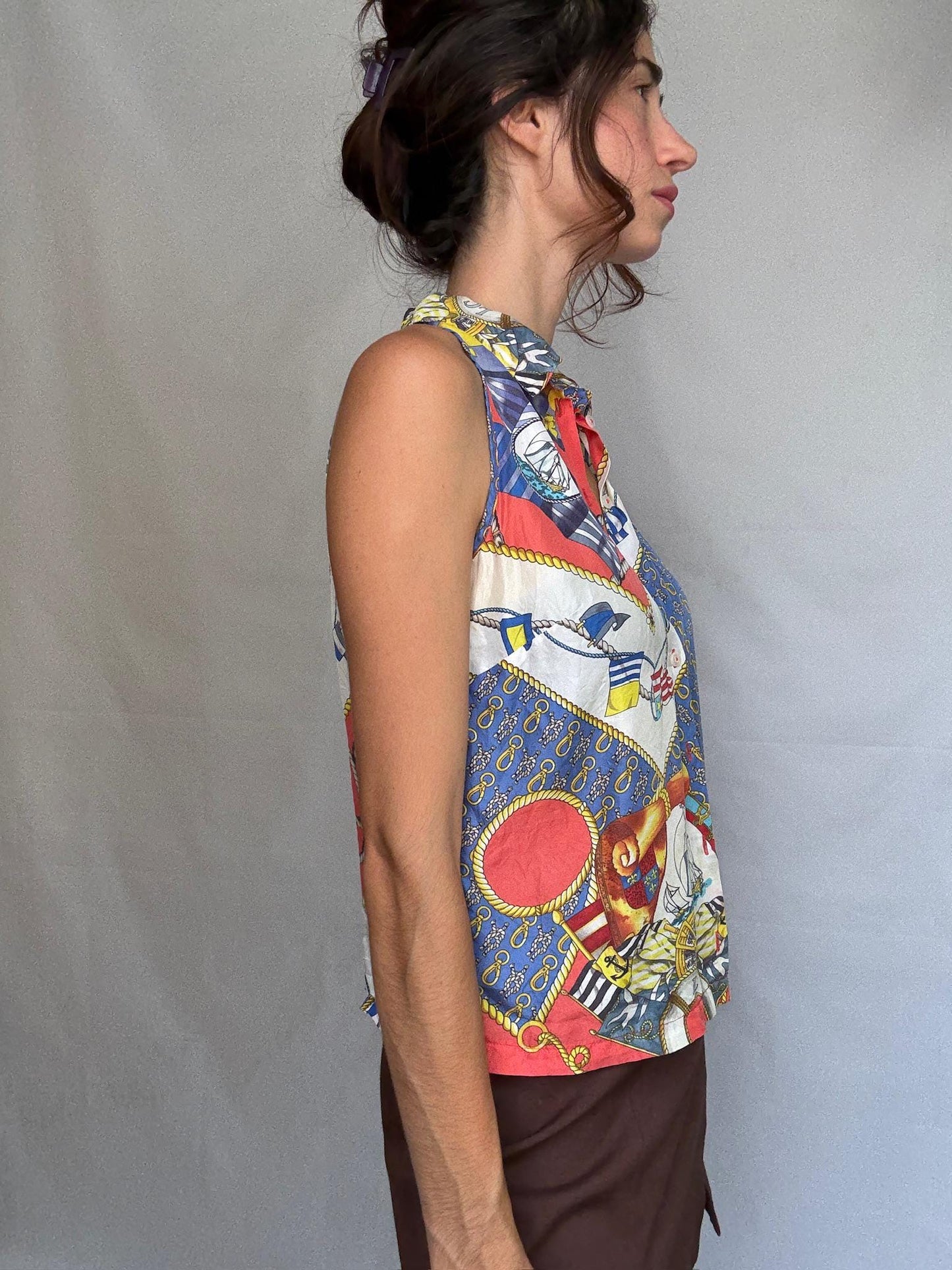 Vintage nautical print blouse, Lovely tiefront retro 80s top, Cher vibe, US S, summer streetwear