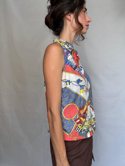 Vintage Nautical Print Tie Front Blouse — additional view 7