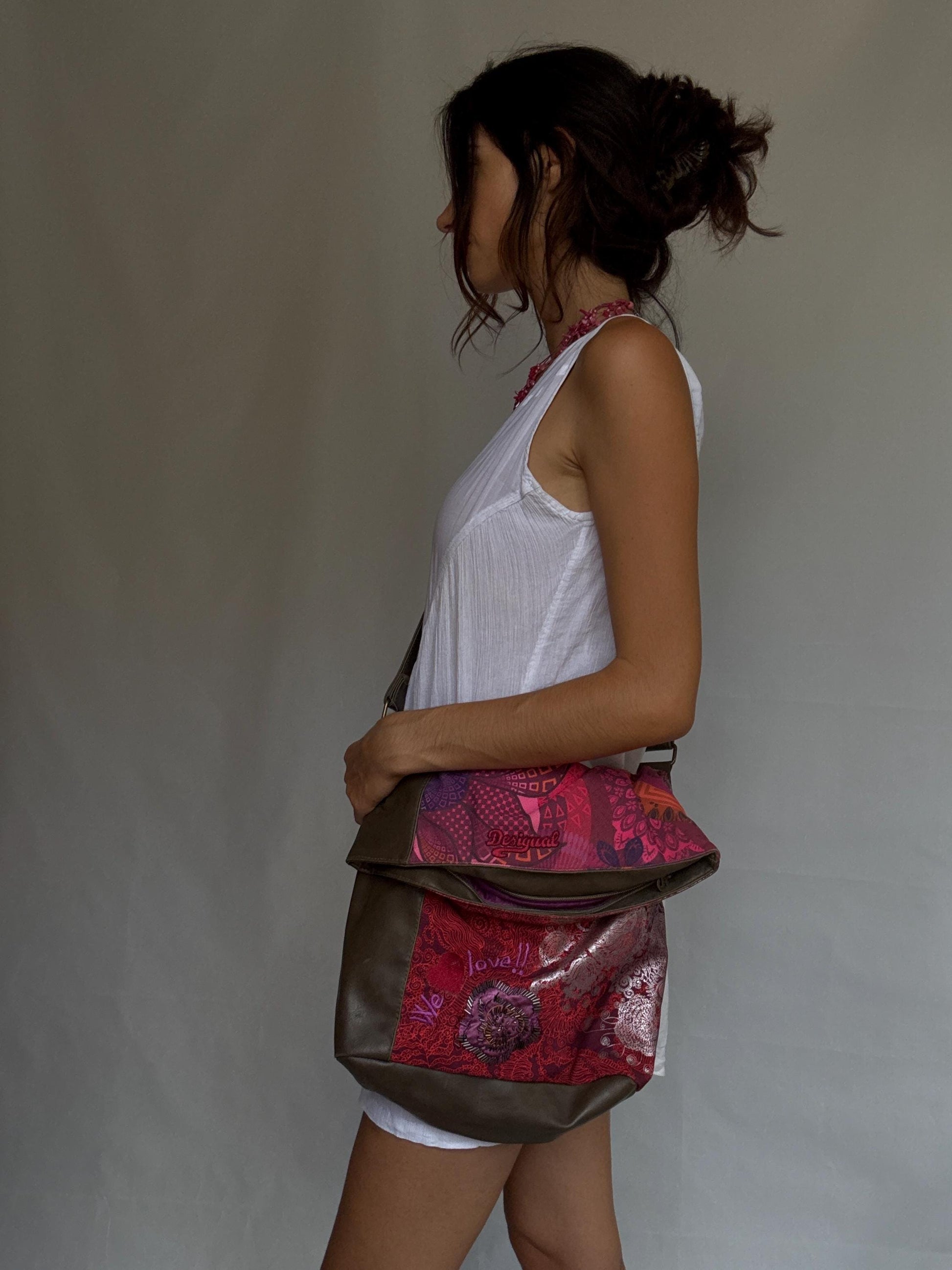 Desigual ebrown crossbody bag, faux leather shoulder bag, colourful patchwork front with beaded flower, eclectic indie, sleaze