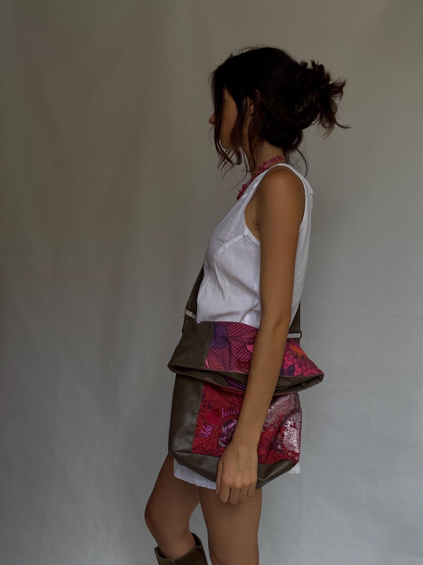 Desigual ebrown crossbody bag, faux leather shoulder bag, colourful patchwork front with beaded flower, eclectic indie, sleaze