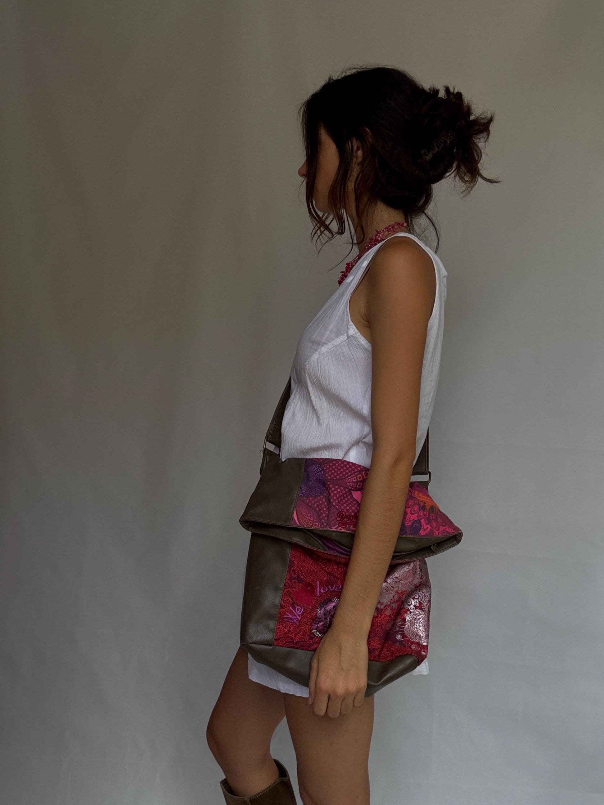 Desigual ebrown crossbody bag, faux leather shoulder bag, colourful patchwork front with beaded flower, eclectic indie, sleaze