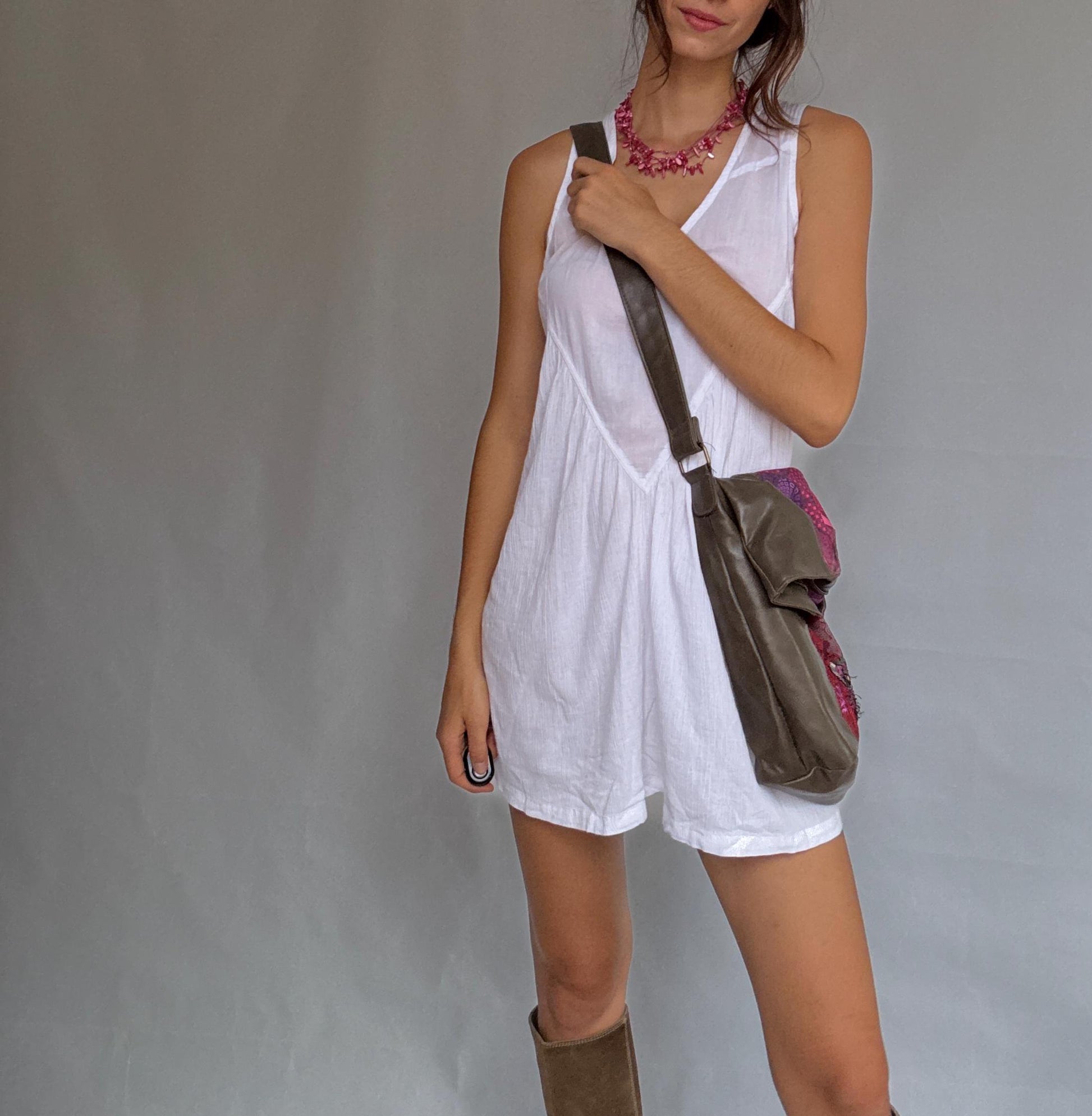 Desigual ebrown crossbody bag, faux leather shoulder bag, colourful patchwork front with beaded flower, eclectic indie, sleaze