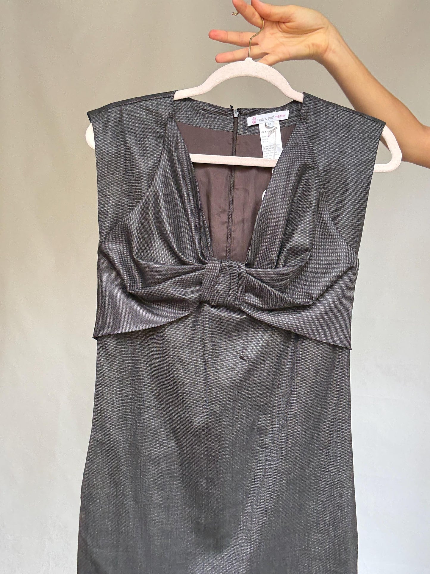 Paul & Joe Sister charcoal wool dress, fitted silhouette, front knot detail, elegant Rooney Mara vibe, US S, office evening wear