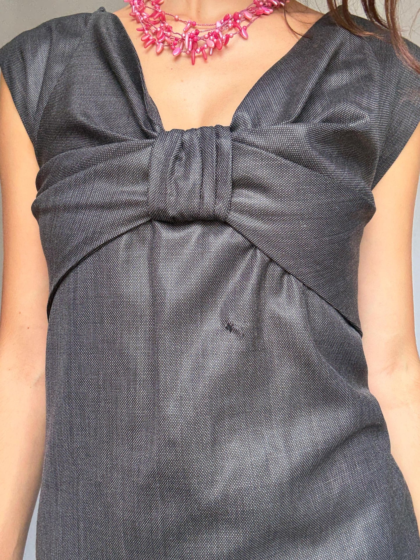 Paul & Joe Sister charcoal wool dress, fitted silhouette, front knot detail, elegant Rooney Mara vibe, US S, office evening wear