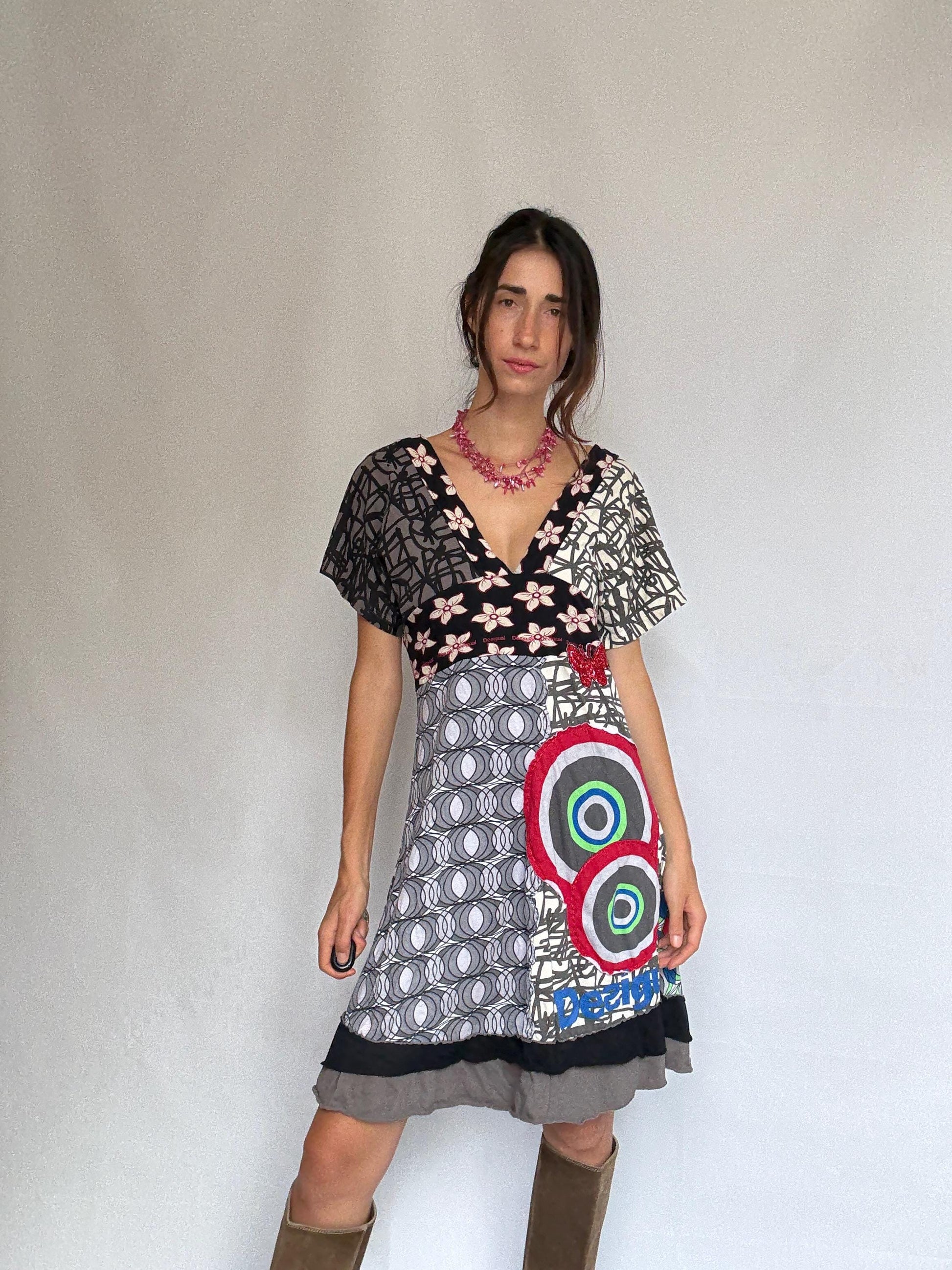 Desigual multicolor patchwork dress, 100% cotton, v, neck fit, eclectic graphic prints, vibrant floral and geometric mix