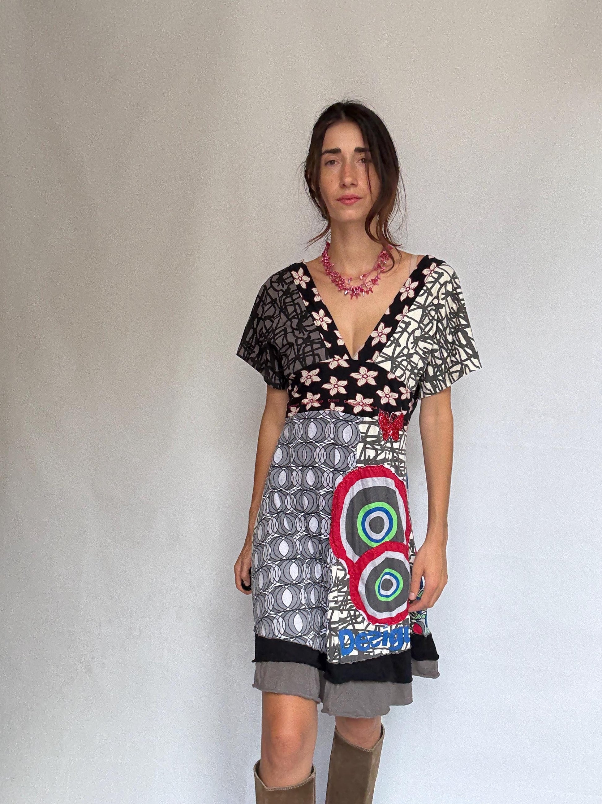 Desigual multicolor patchwork dress, 100% cotton, v, neck fit, eclectic graphic prints, vibrant floral and geometric mix