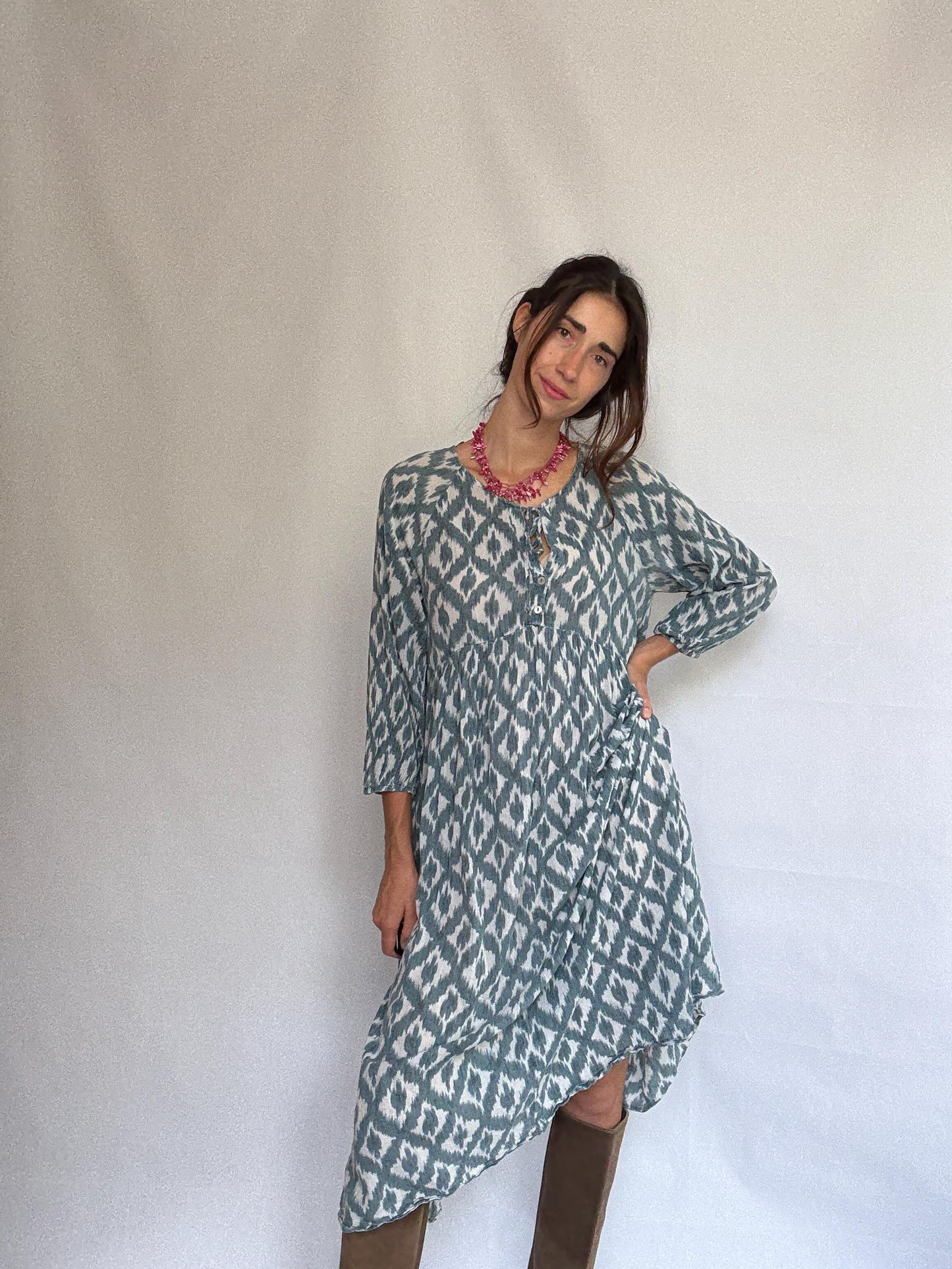 Oysho blue and white ikat dress, 100% cotton, relaxed fit, gathered waist, bold print, bohemian, US M, casual summer wear