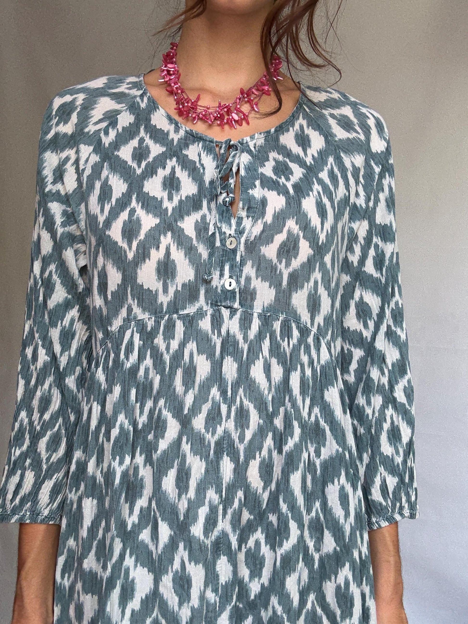 Oysho blue and white ikat dress, 100% cotton, relaxed fit, gathered waist, bold print, bohemian, US M, casual summer wear