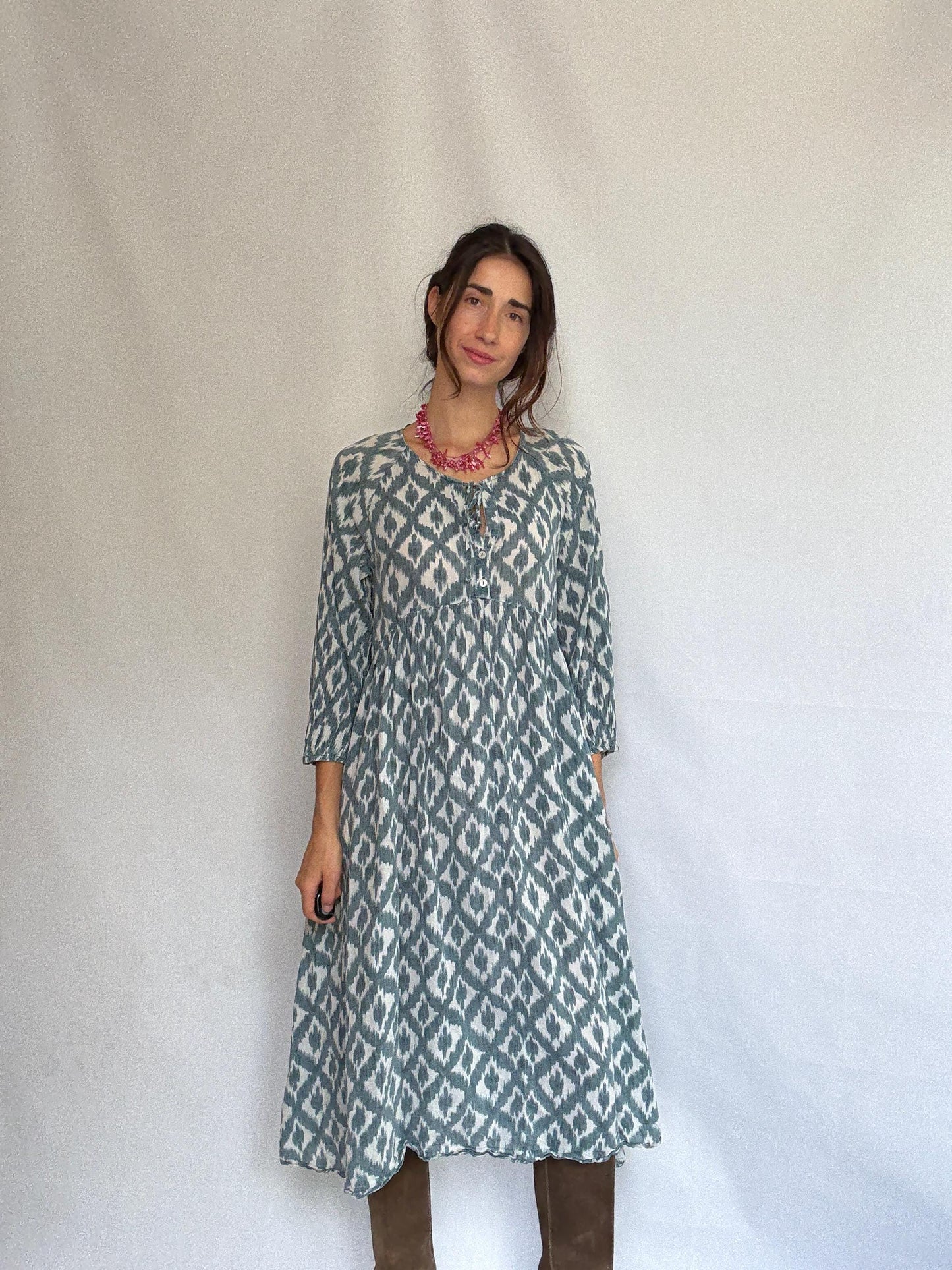 Oysho blue and white ikat dress, 100% cotton, relaxed fit, gathered waist, bold print, bohemian, US M, casual summer wear