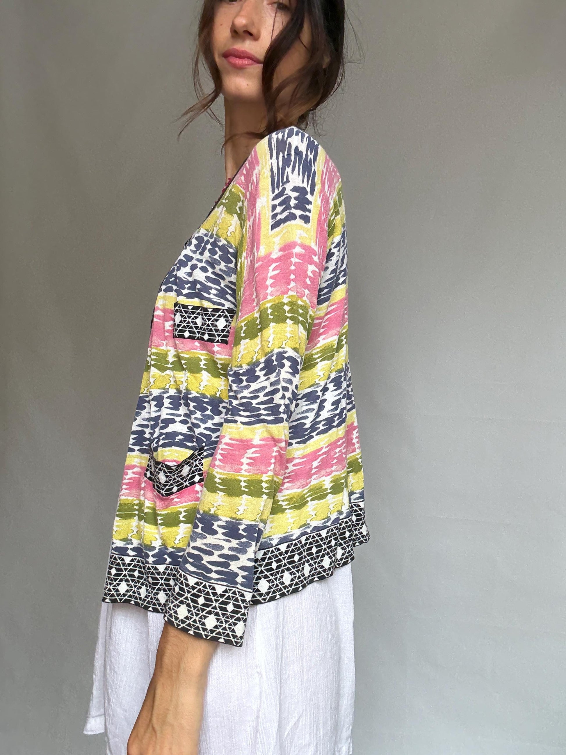 Purificacion Garcia vibrant multicolor vest, 100% cotton, open front, geometric trim detail, bohemian style Alice Dellal, US M