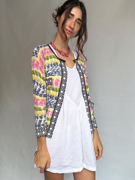 Purificacion Garcia vibrant multicolor vest, 100% cotton, open front, geometric trim detail, bohemian style Alice Dellal, US M