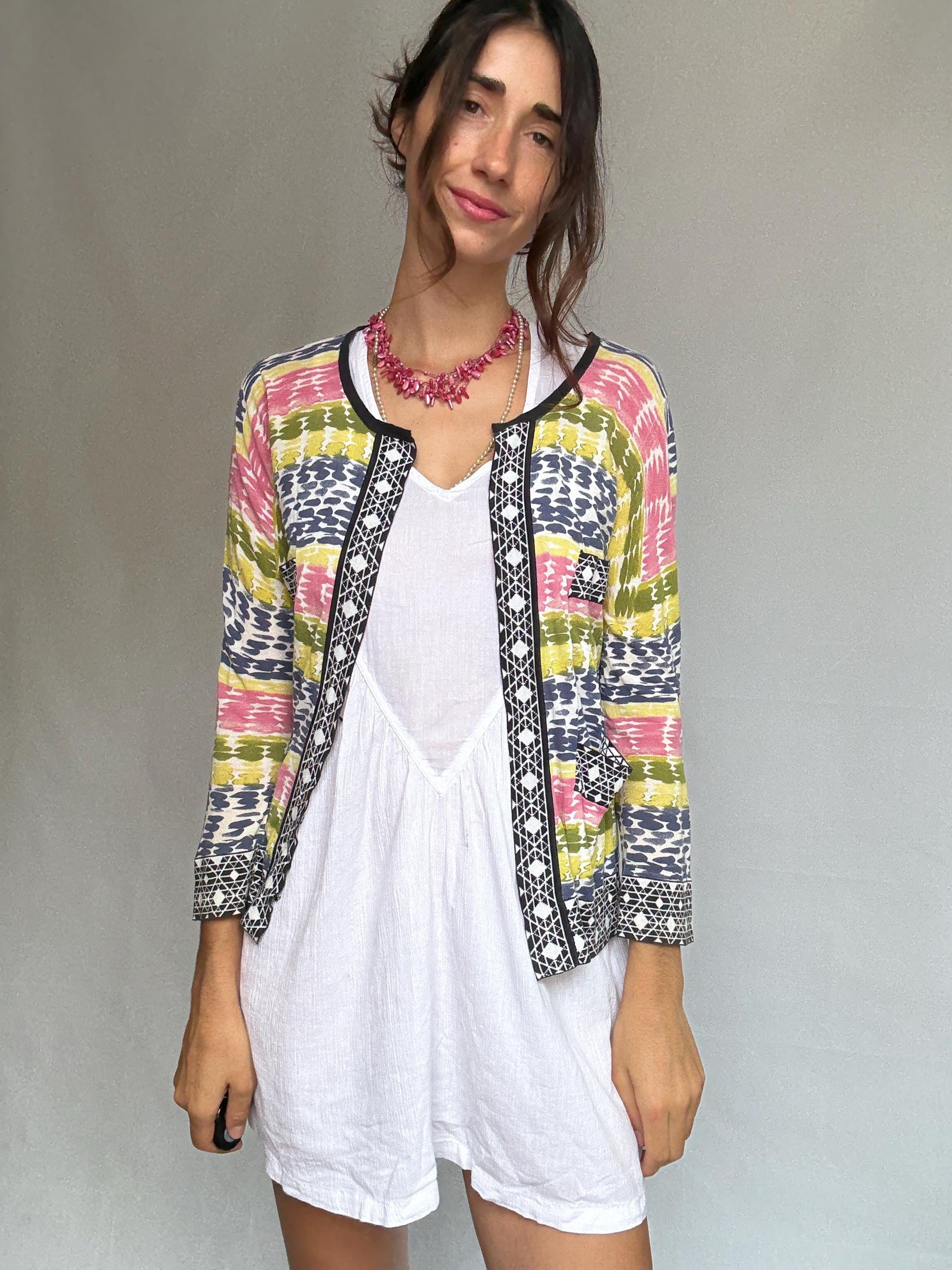 Purificacion Garcia vibrant multicolor vest, 100% cotton, open front, geometric trim detail, bohemian style Alice Dellal, US M