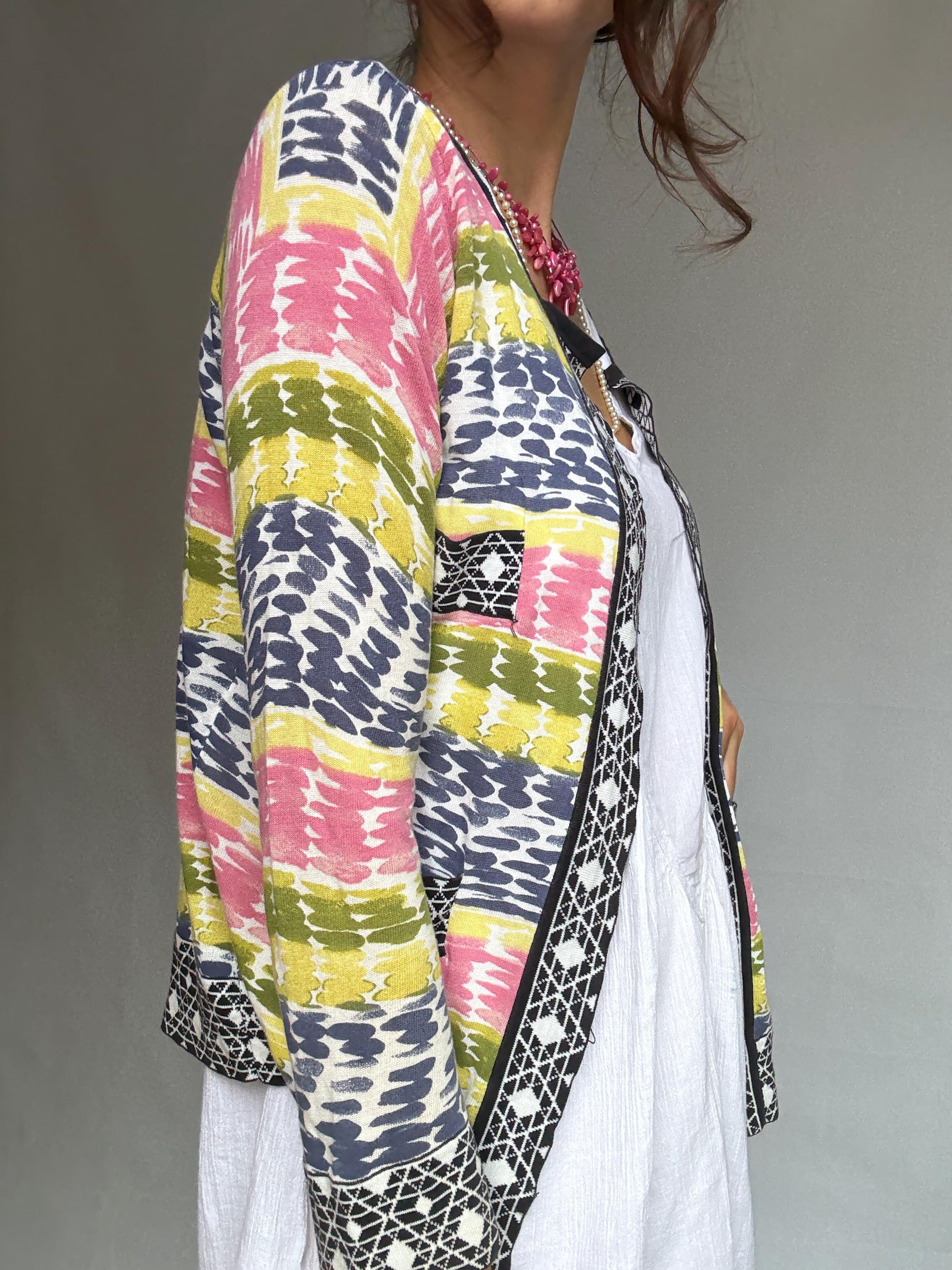 Purificacion Garcia vibrant multicolor vest, 100% cotton, open front, geometric trim detail, bohemian style Alice Dellal, US M