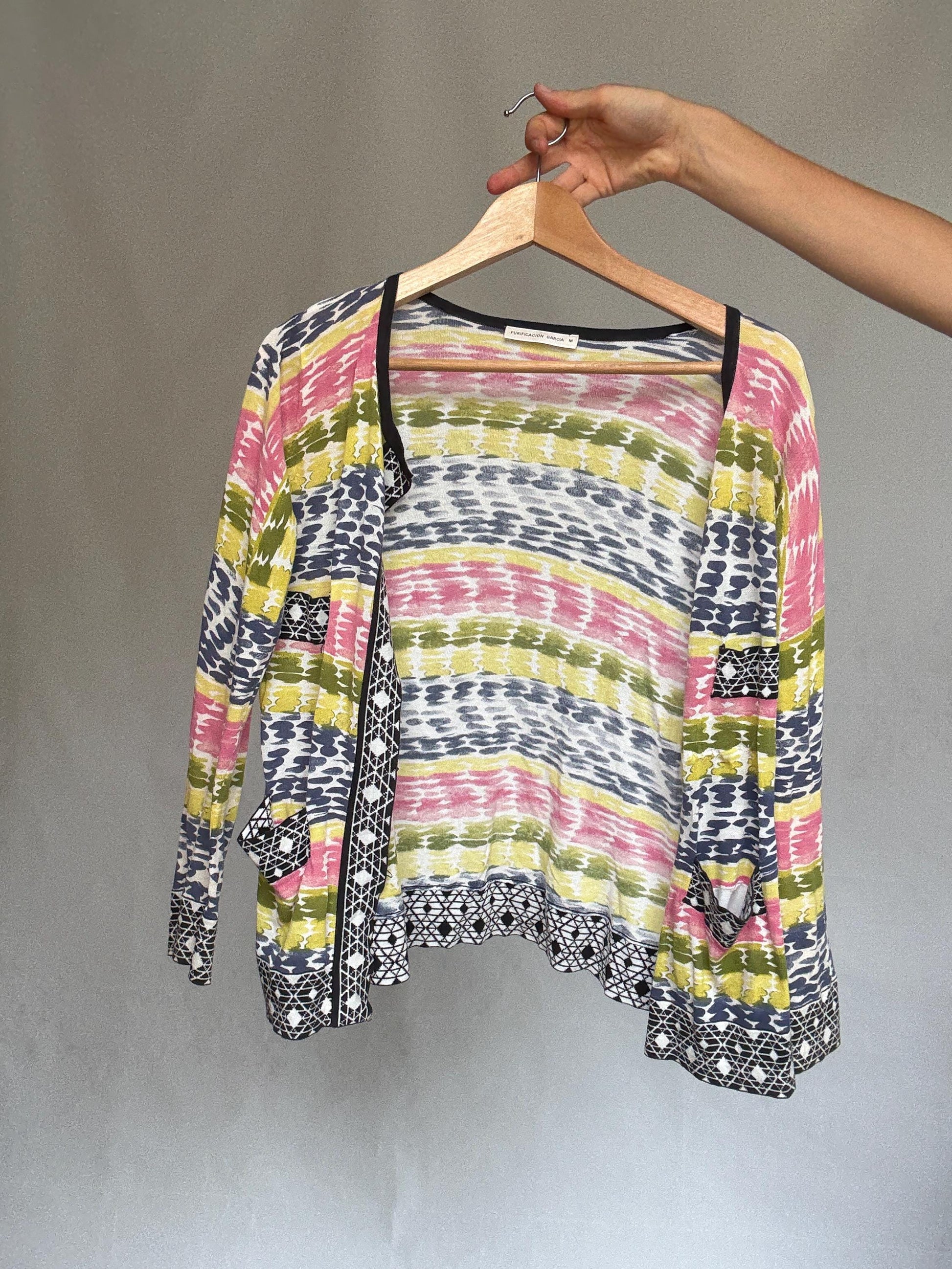 Purificacion Garcia vibrant multicolor vest, 100% cotton, open front, geometric trim detail, bohemian style Alice Dellal, US M