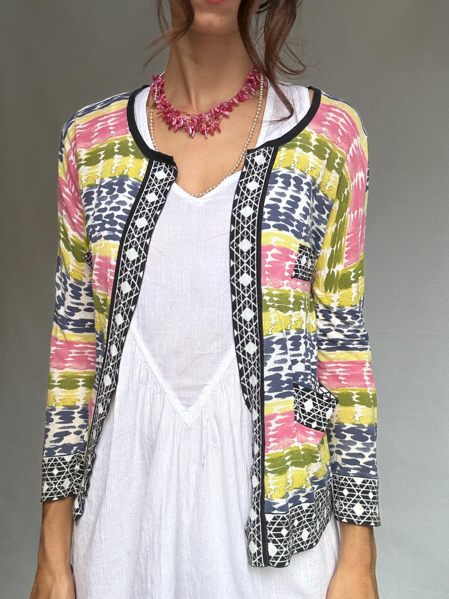 Purificacion Garcia vibrant multicolor vest, 100% cotton, open front, geometric trim detail, bohemian style Alice Dellal, US M