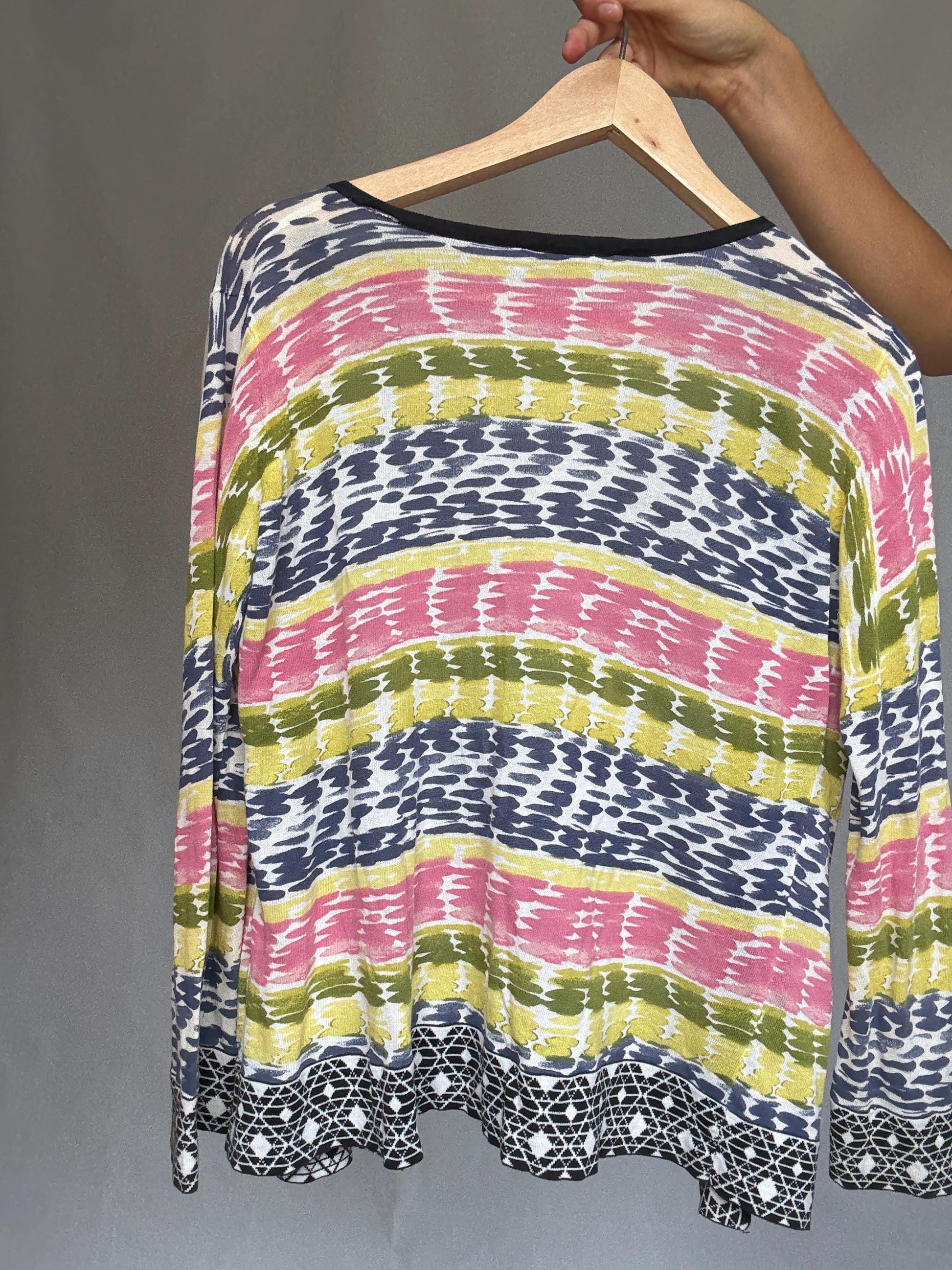 Purificacion Garcia vibrant multicolor vest, 100% cotton, open front, geometric trim detail, bohemian style Alice Dellal, US M