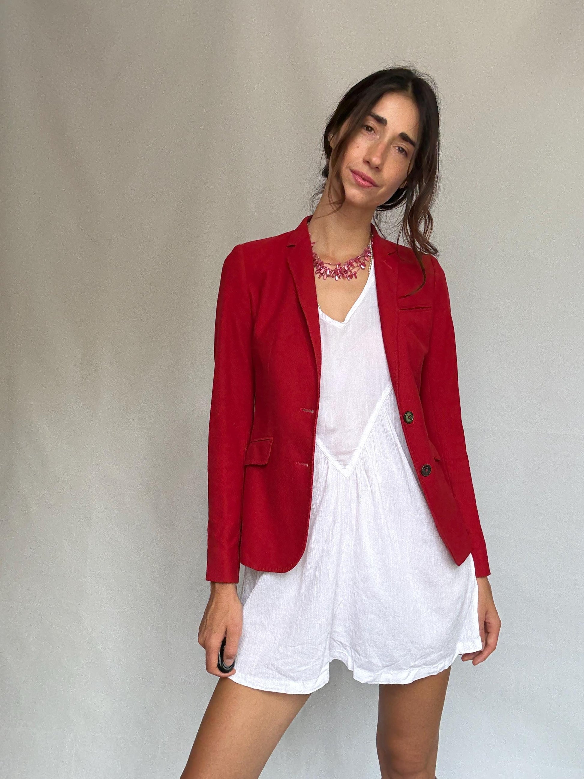 Massimo Dutti red blazer, cotton, tailored fit, classic lapel, vibrant red, minimalist chic, US S, office professional