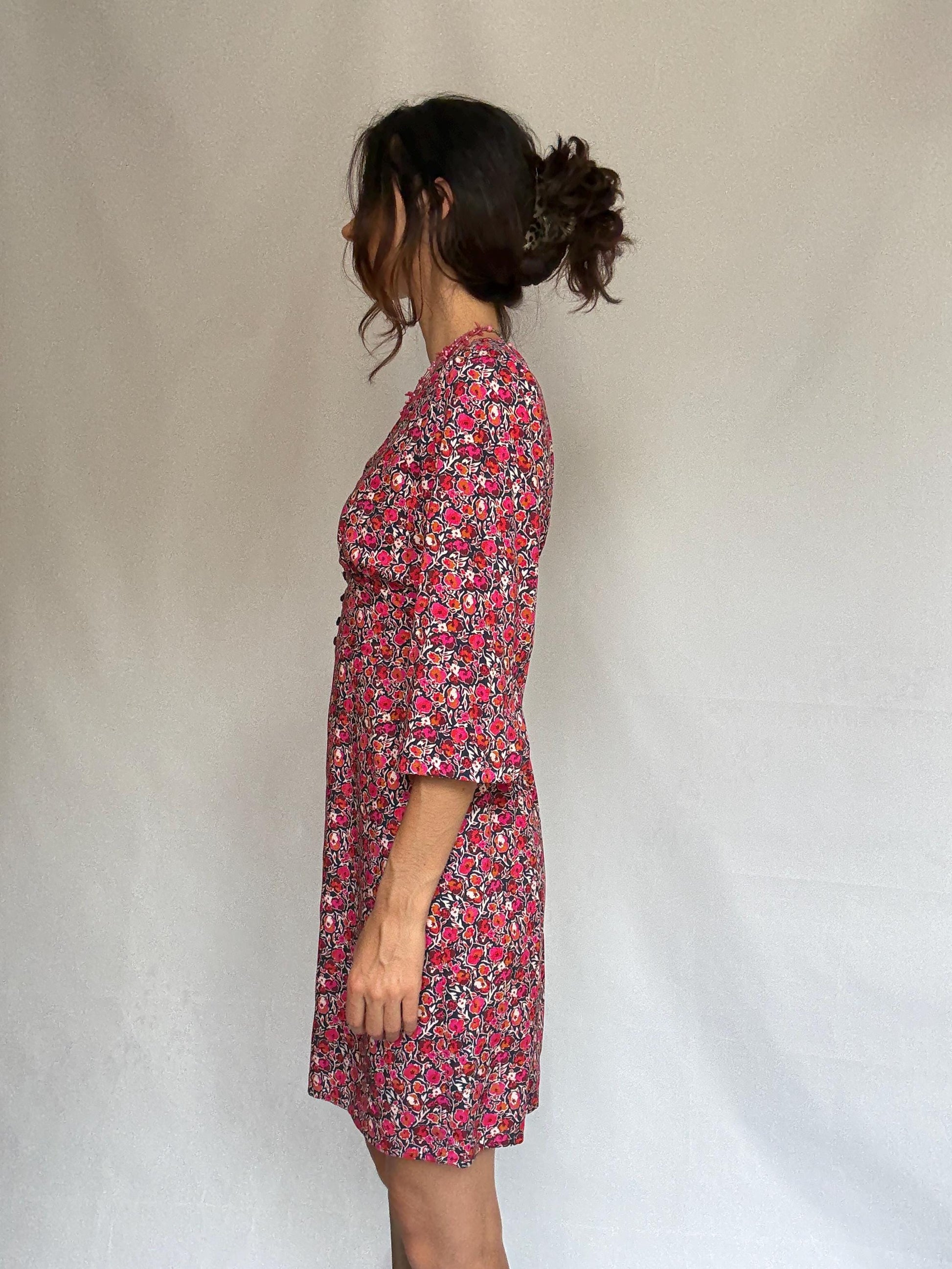 La Fee Maraboutee black floral dress, 100% viscose, flared silhouette, button, down front, vibrant floral pattern, casual romantic, US S