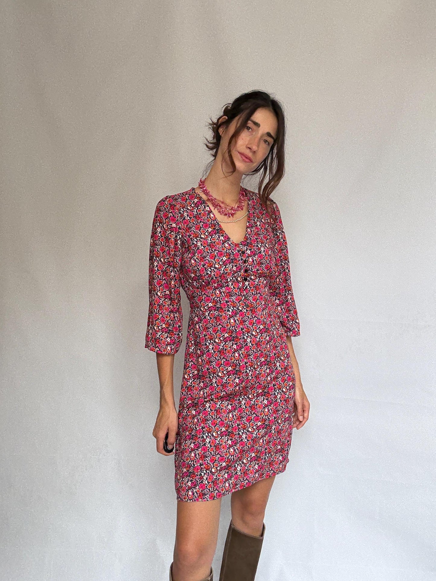 La Fee Maraboutee black floral dress, 100% viscose, flared silhouette, button, down front, vibrant floral pattern, casual romantic, US S