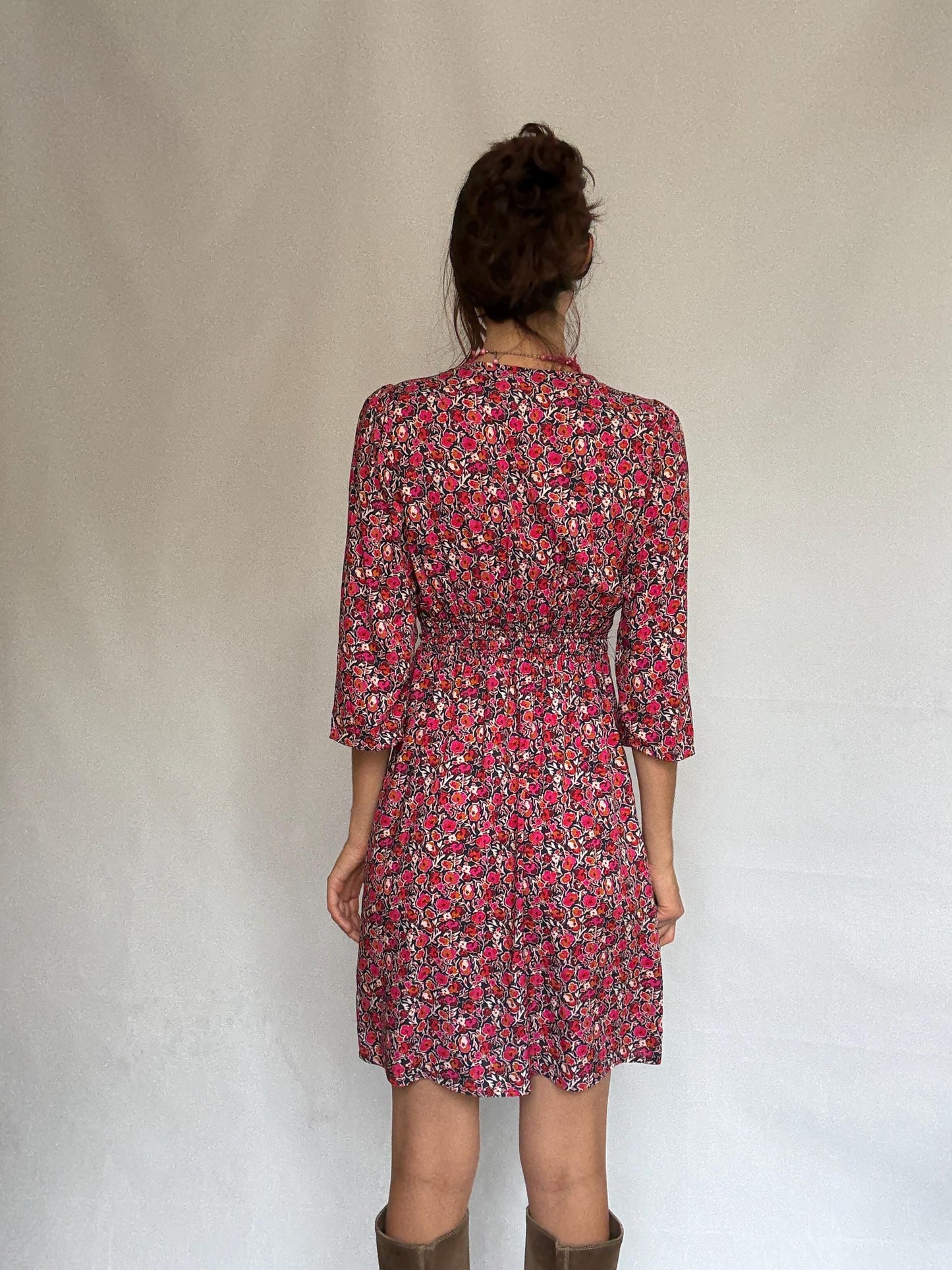 La Fee Maraboutee black floral dress, 100% viscose, flared silhouette, button, down front, vibrant floral pattern, casual romantic, US S