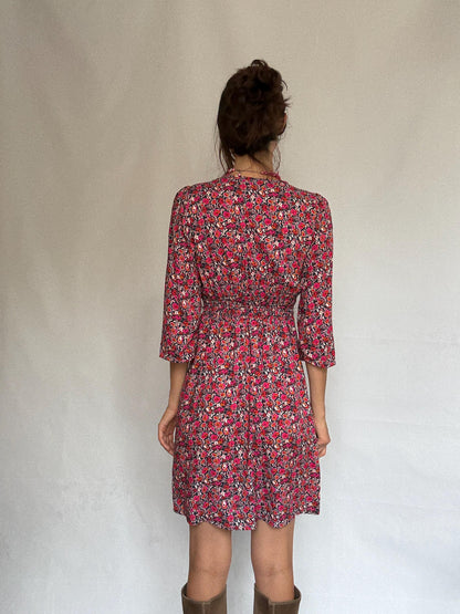 La Fee Maraboutee black floral dress, 100% viscose, flared silhouette, button, down front, vibrant floral pattern, casual romantic, US S