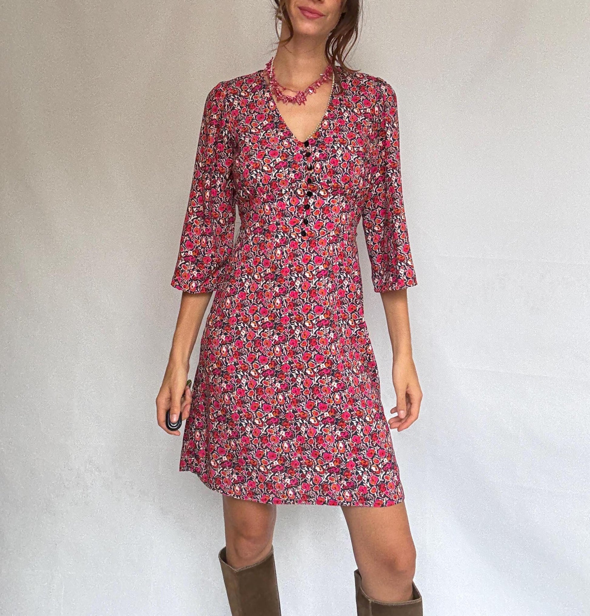 La Fee Maraboutee black floral dress, 100% viscose, flared silhouette, button, down front, vibrant floral pattern, casual romantic, US S