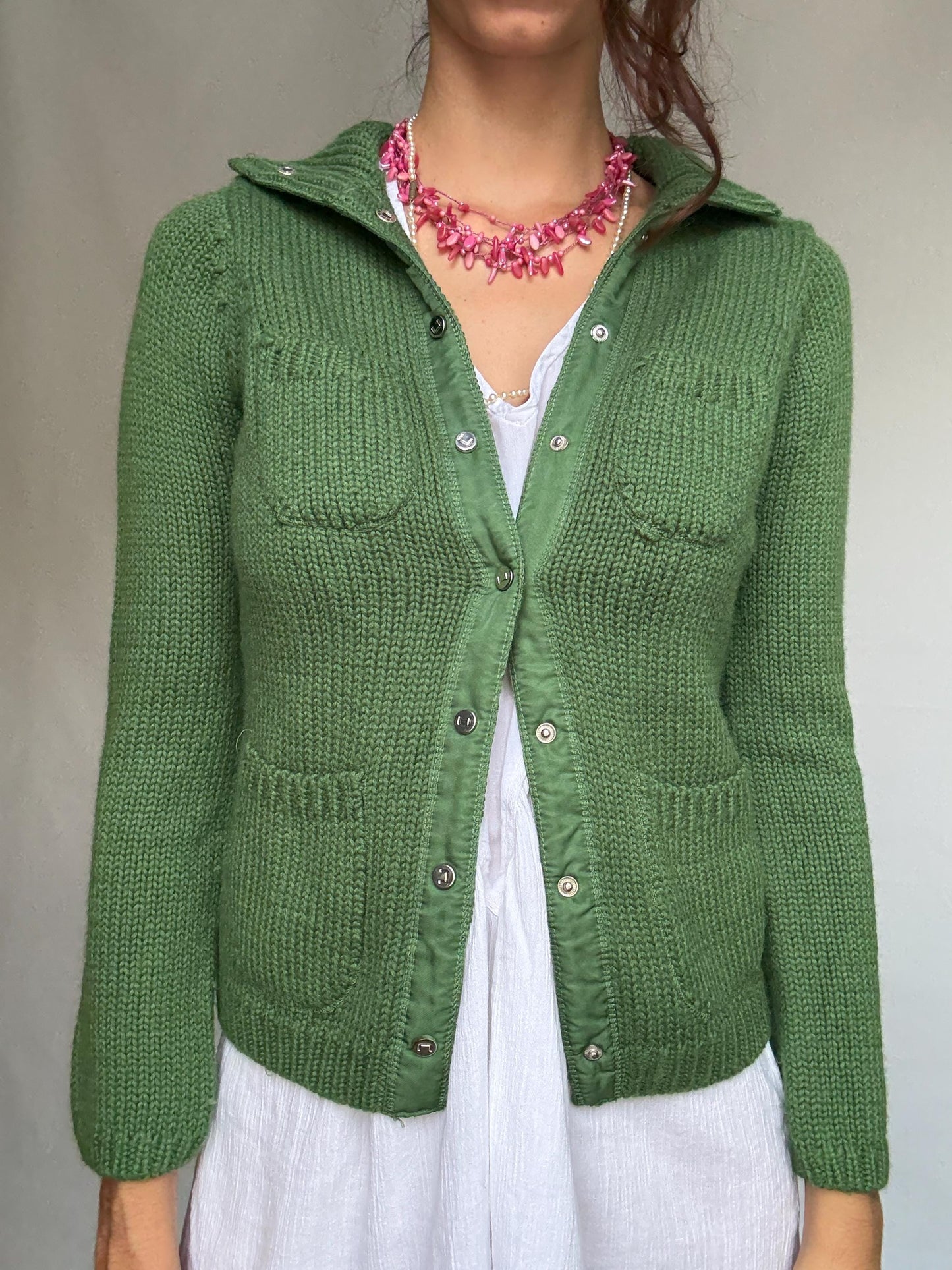 Adolfo Domínguez green cardigan, wool blend, versatile fit, button front to turtleneck, textured knit pattern, elegant casual, US S