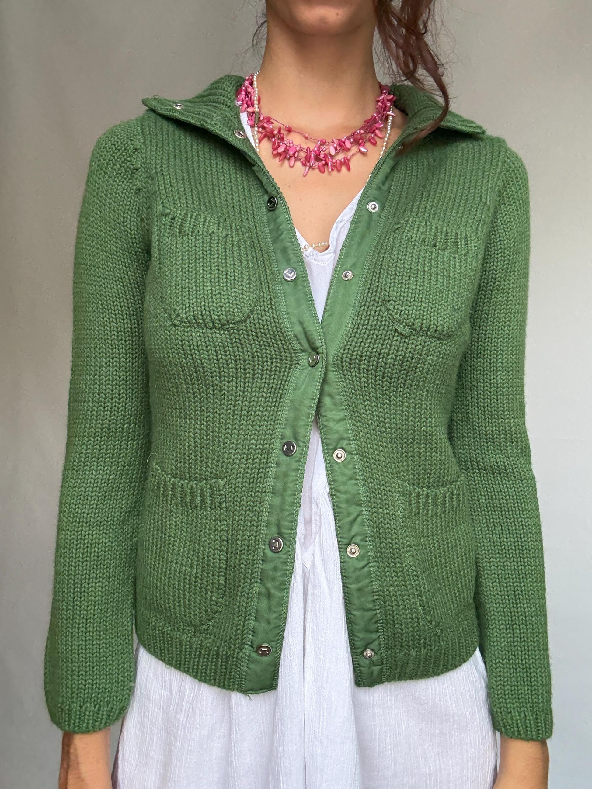 Adolfo Domínguez green cardigan, wool blend, versatile fit, button front to turtleneck, textured knit pattern, elegant casual, US S