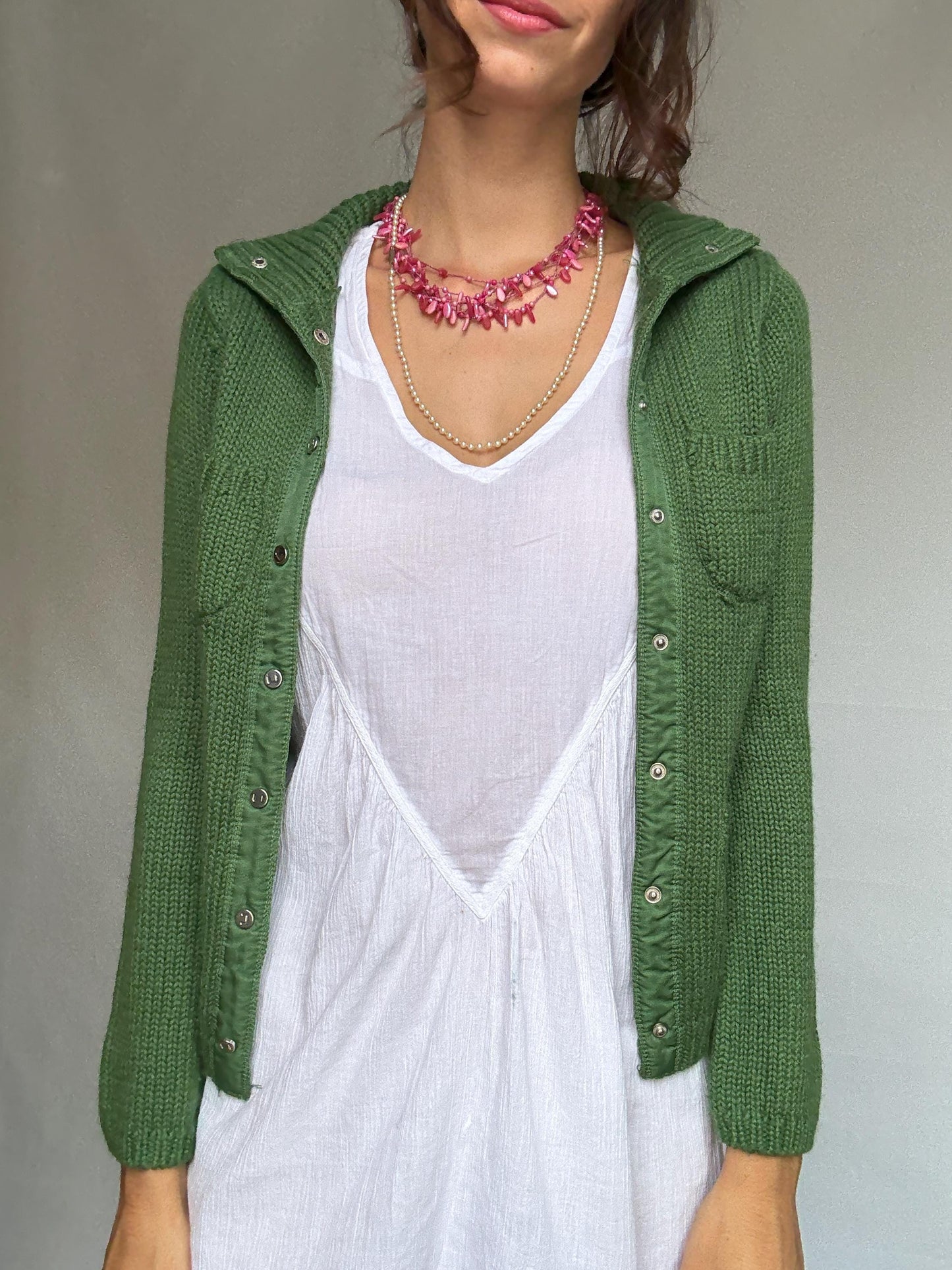 Adolfo Domínguez green cardigan, wool blend, versatile fit, button front to turtleneck, textured knit pattern, elegant casual, US S