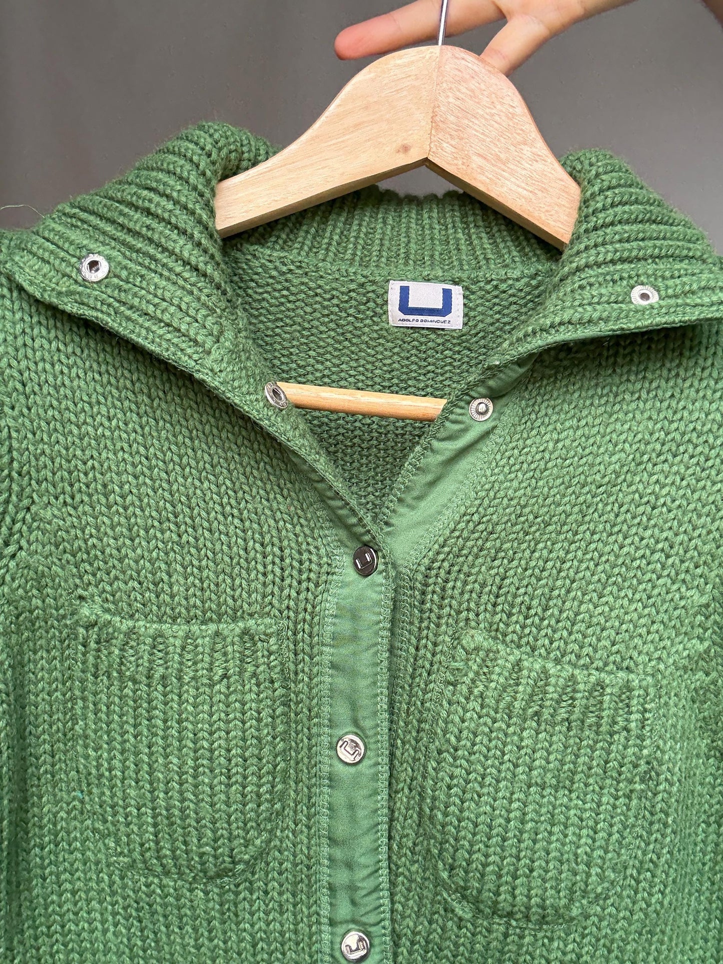 Adolfo Domínguez green cardigan, wool blend, versatile fit, button front to turtleneck, textured knit pattern, elegant casual, US S