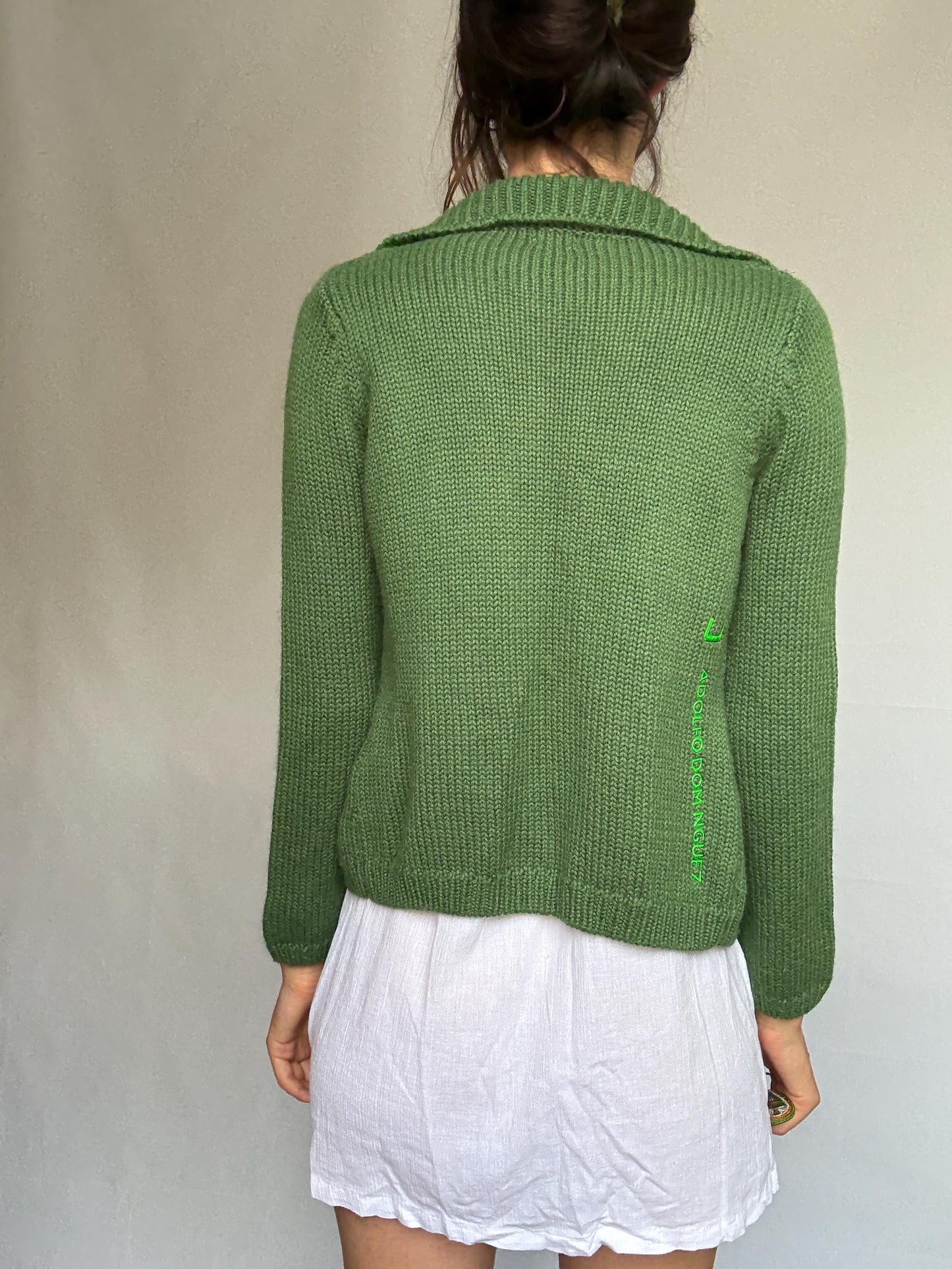 Adolfo Domínguez green cardigan, wool blend, versatile fit, button front to turtleneck, textured knit pattern, elegant casual, US S