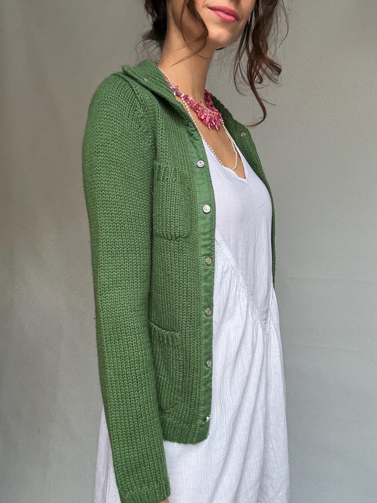 Adolfo Domínguez green cardigan, wool blend, versatile fit, button front to turtleneck, textured knit pattern, elegant casual, US S