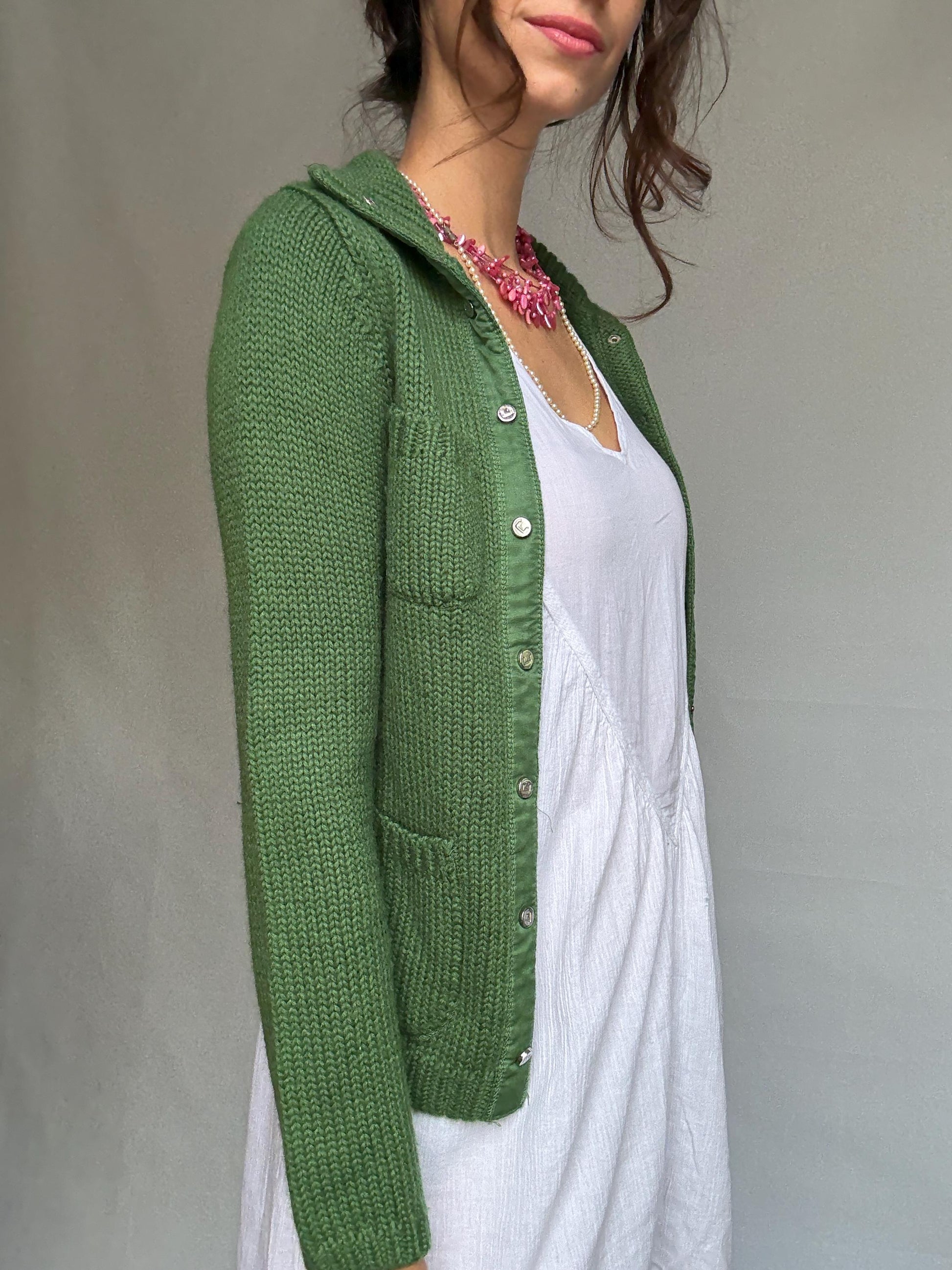 Adolfo Domínguez green cardigan, wool blend, versatile fit, button front to turtleneck, textured knit pattern, elegant casual, US S
