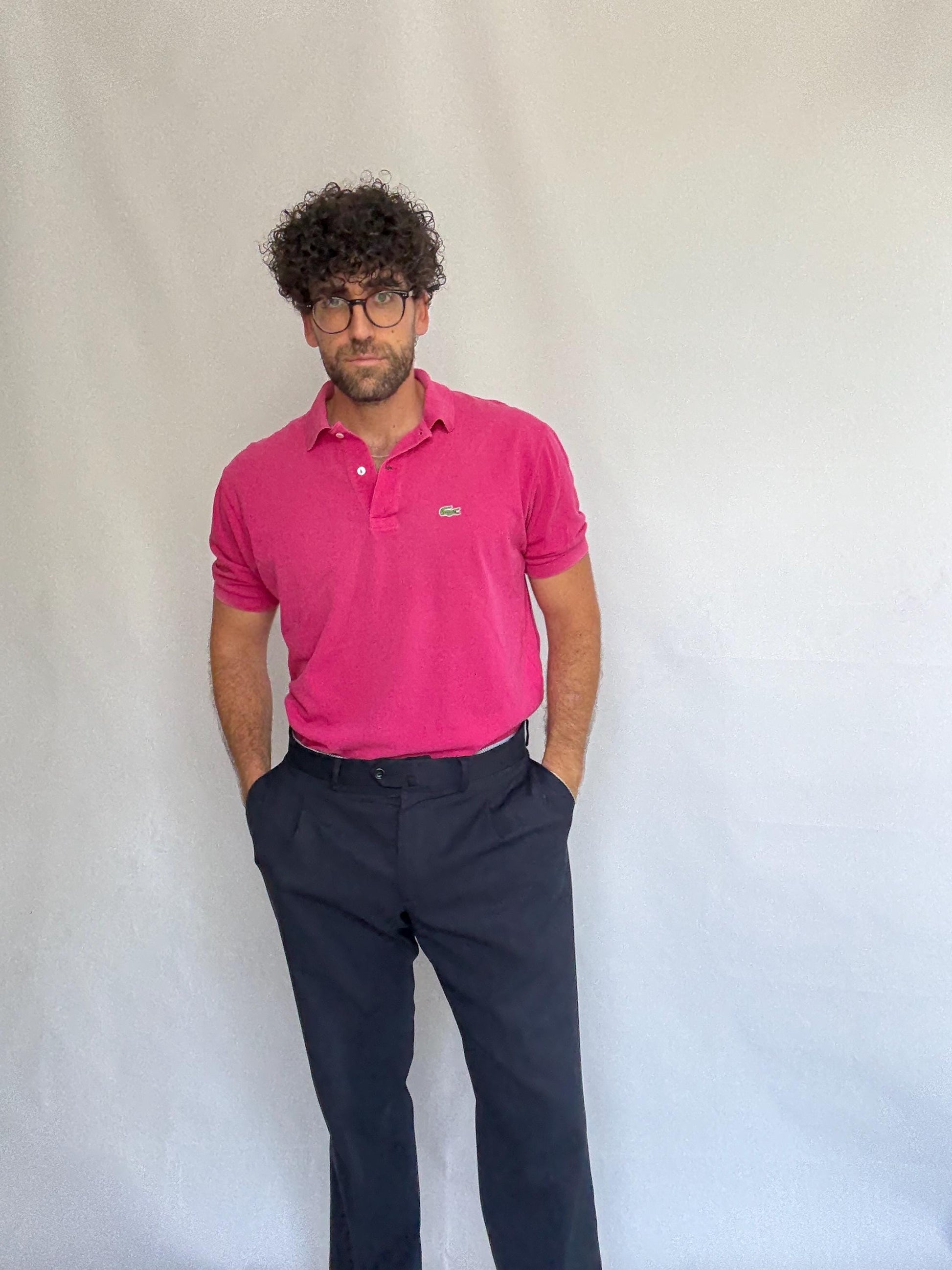 Vintage Lacoste pink polo shirt, 100% cotton, classic fit, buttoned placket, crocodile logo detail, preppy Carolyn bessette, kennedy, US L