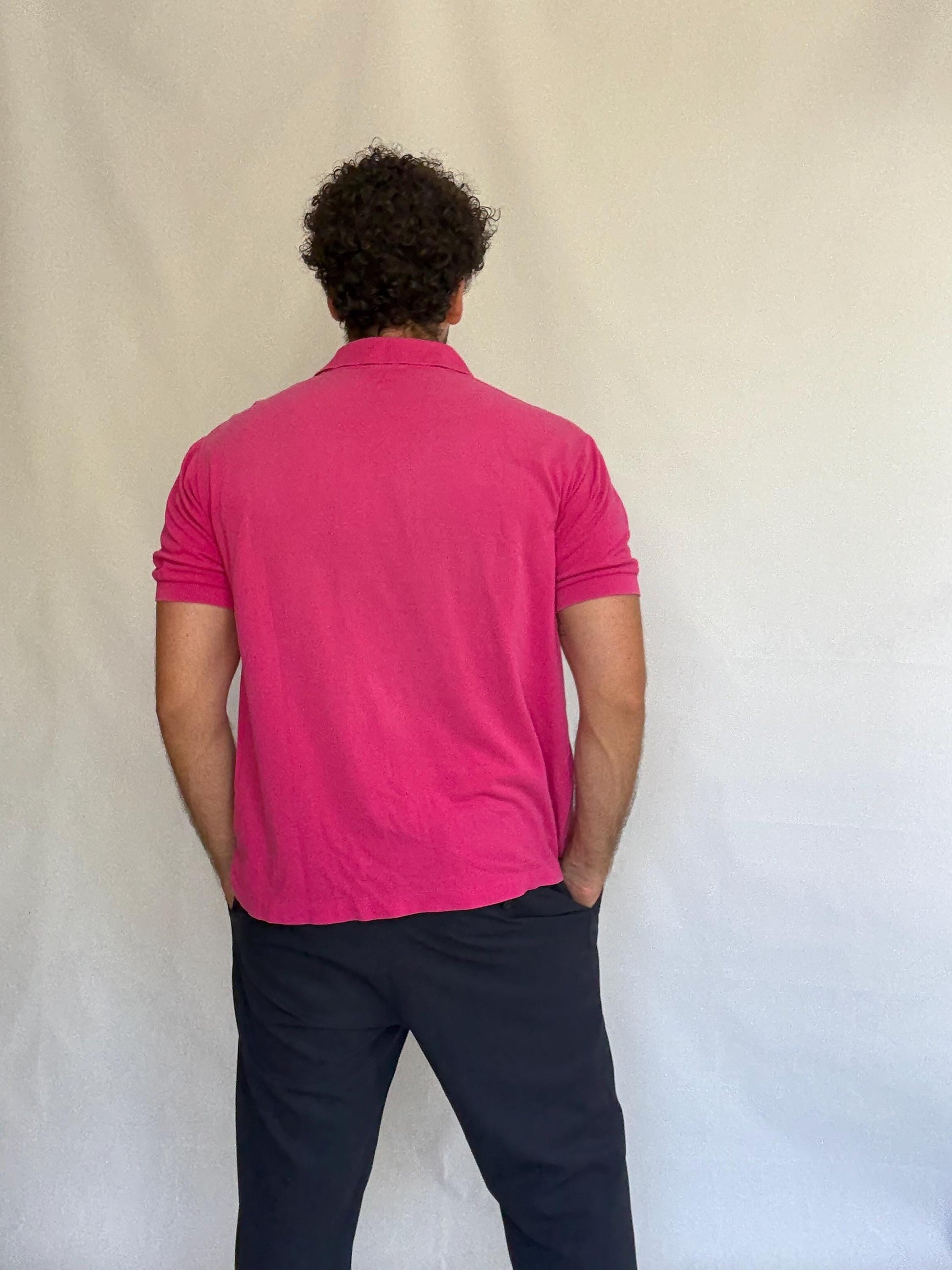 Vintage Lacoste pink polo shirt, 100% cotton, classic fit, buttoned placket, crocodile logo detail, preppy Carolyn bessette, kennedy, US L