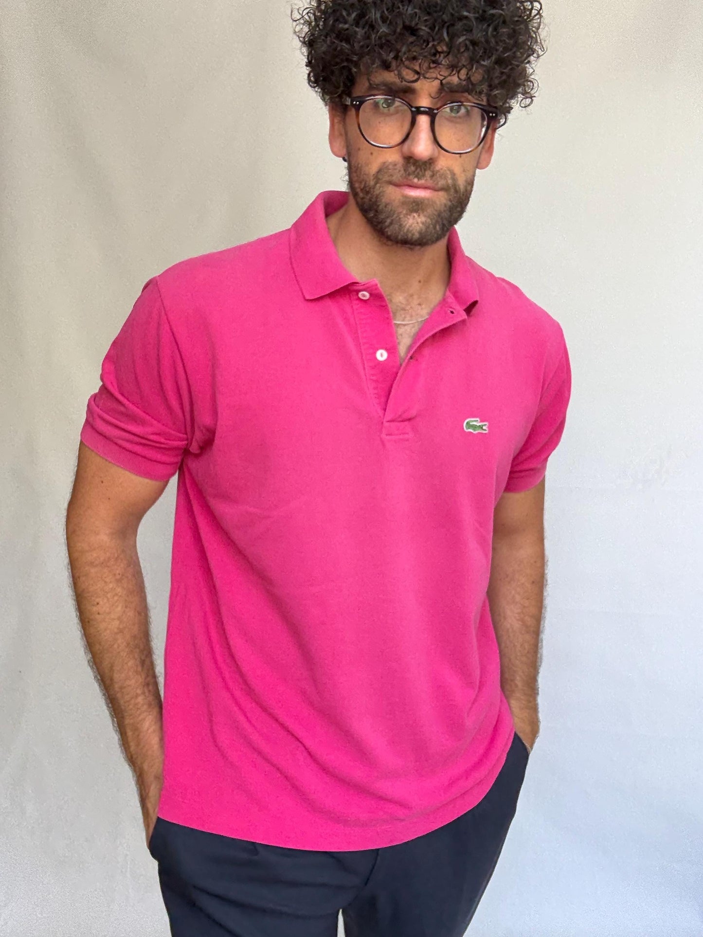 Vintage Lacoste pink polo shirt, 100% cotton, classic fit, buttoned placket, crocodile logo detail, preppy Carolyn bessette, kennedy, US L