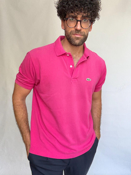 Vintage Lacoste pink polo shirt, 100% cotton, classic fit, buttoned placket, crocodile logo detail, preppy Carolyn bessette, kennedy, US L