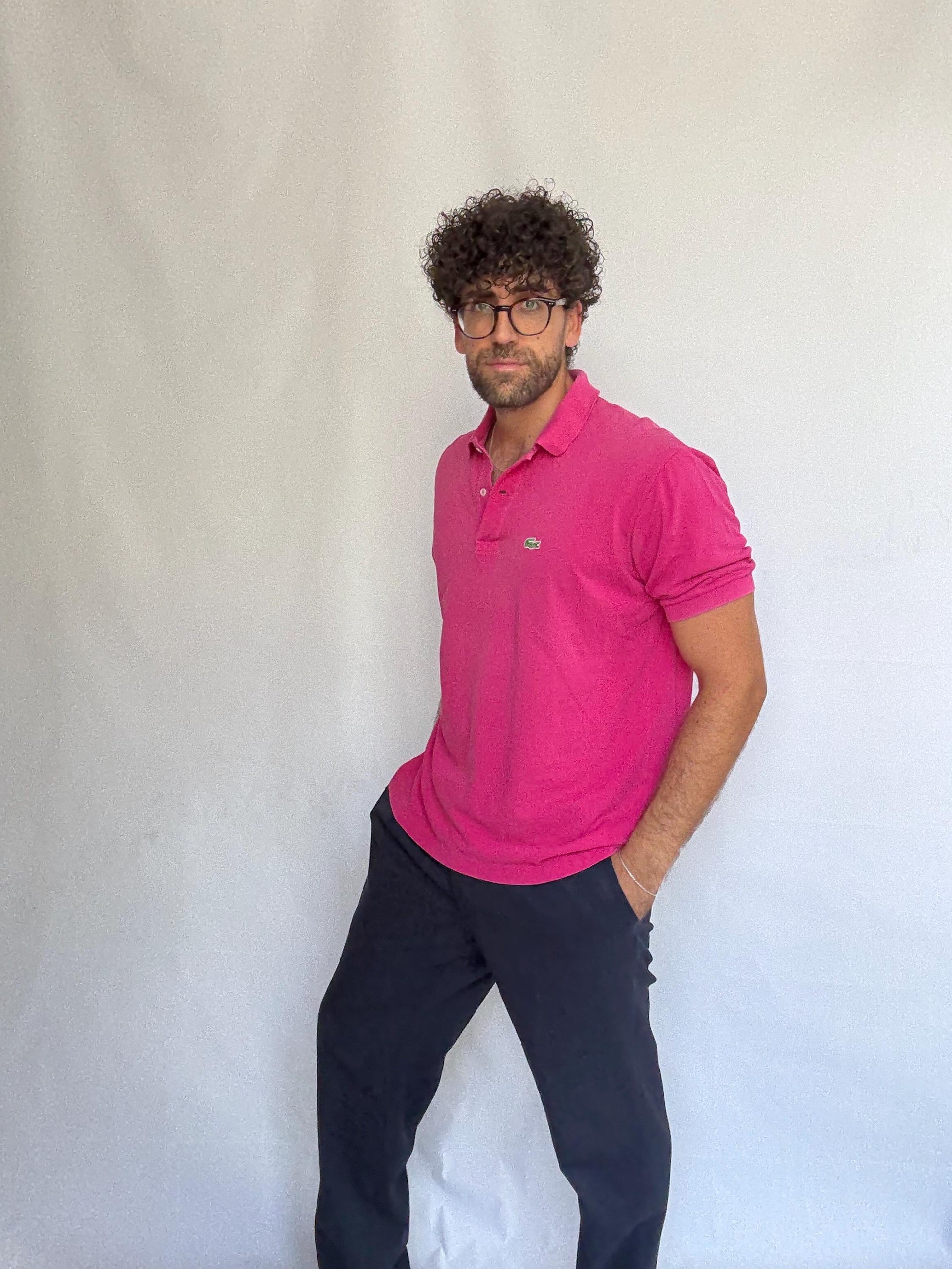 Vintage Lacoste pink polo shirt, 100% cotton, classic fit, buttoned placket, crocodile logo detail, preppy Carolyn bessette, kennedy, US L