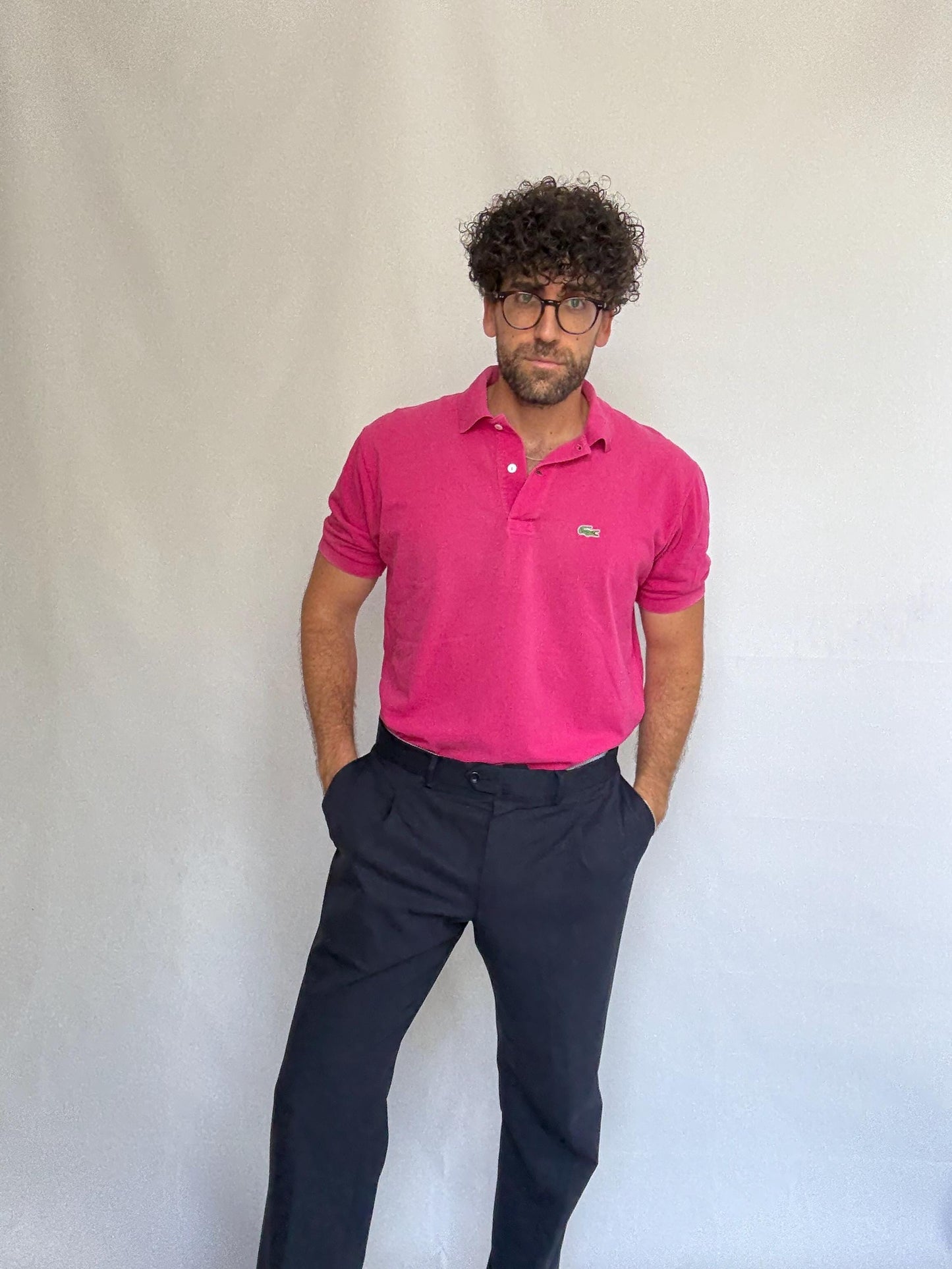 Vintage Lacoste pink polo shirt, 100% cotton, classic fit, buttoned placket, crocodile logo detail, preppy Carolyn bessette, kennedy, US L