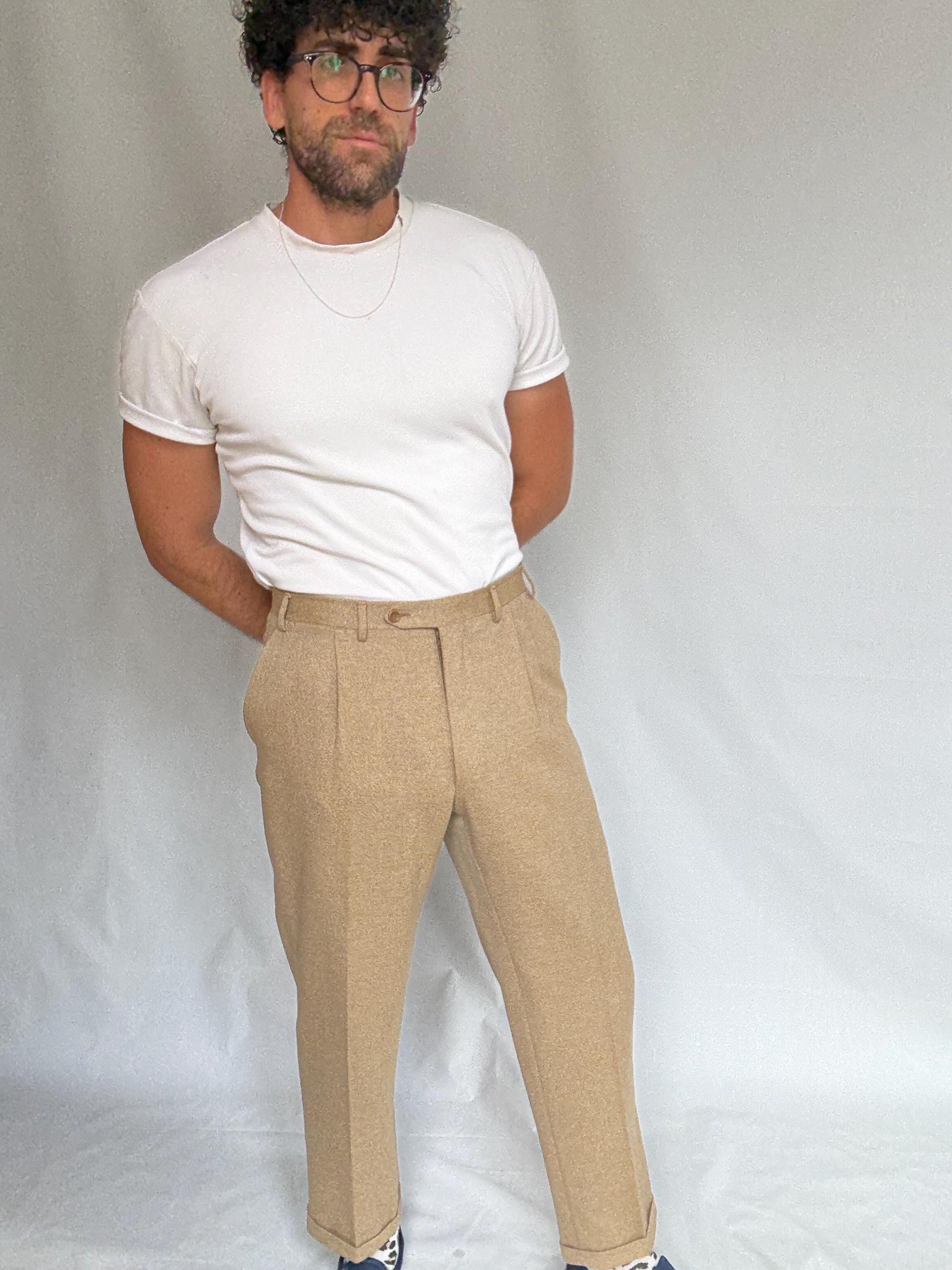 Vintage Canali tan trousers, 100% pure new wool, classic tapered fit, made in italy, Woolmark certified, old money, US L, formal wear,zipper